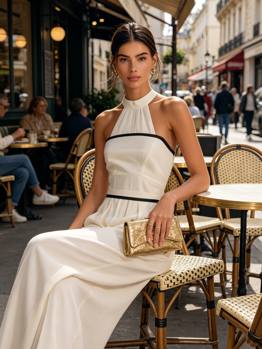 Cream Halter Neck Jumpsuit with Contrast Trim and Wide-Leg Design