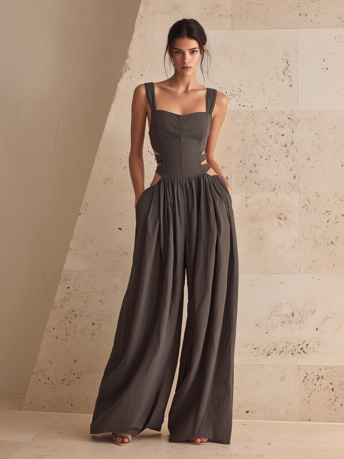 Wide-Leg Linen-Blend Jumpsuit with Cut-Out Waist in Dark Grey