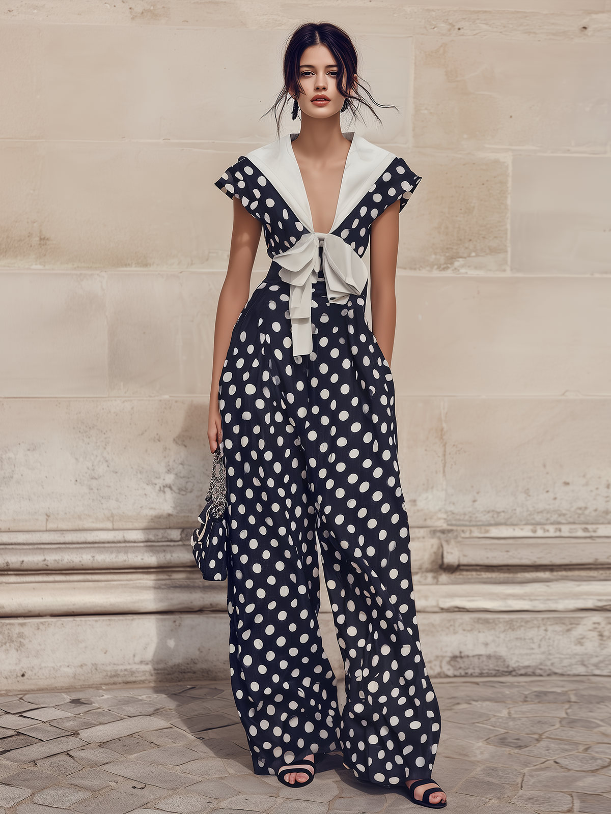 Navy Polka Dot Wide-Leg Jumpsuit Featuring Sailor Collar and Bow Accent