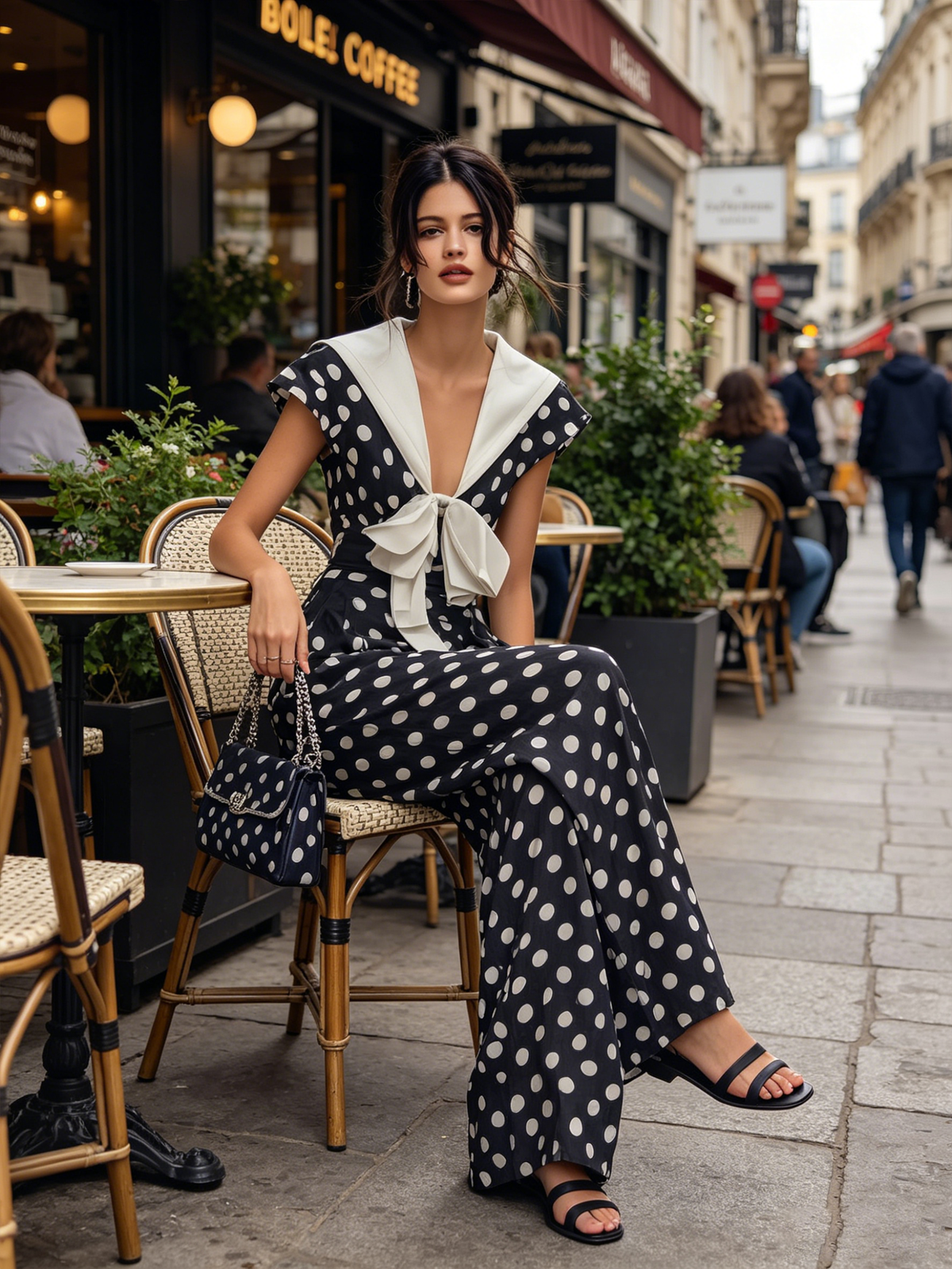 Navy Polka Dot Wide-Leg Jumpsuit Featuring Sailor Collar and Bow Accent