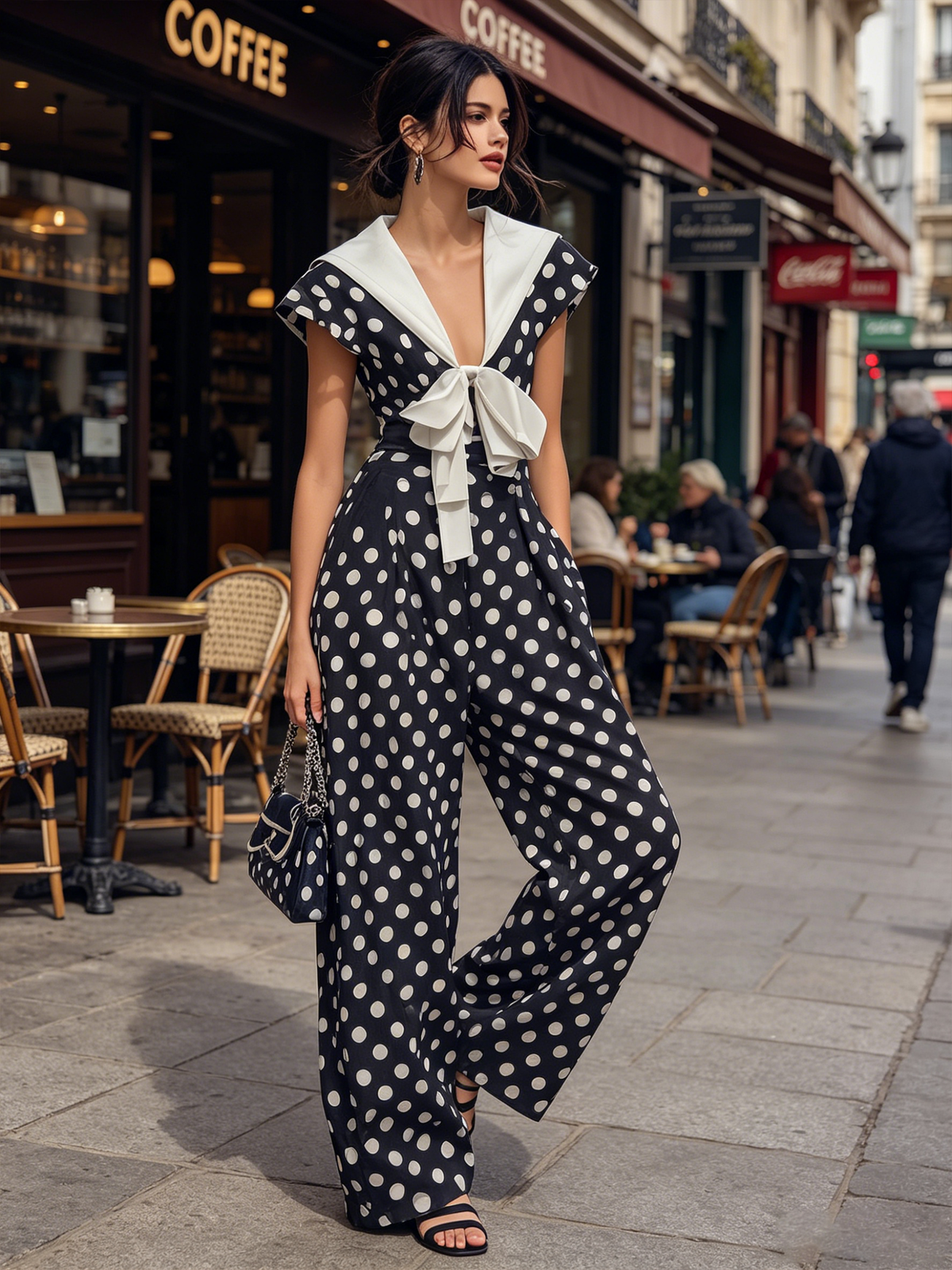 Navy Polka Dot Wide-Leg Jumpsuit Featuring Sailor Collar and Bow Accent