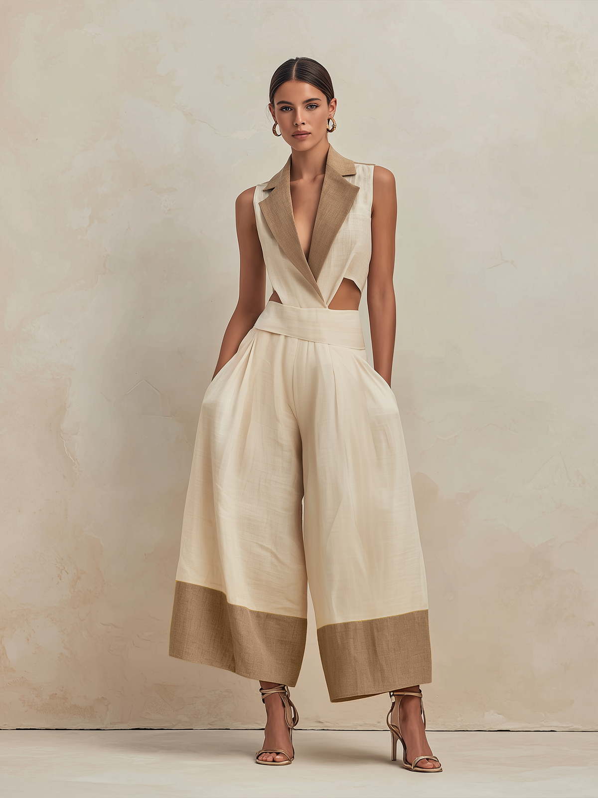 Cream and Tan Linen-Blend Wide-Leg Jumpsuit with Cut-Out Waist