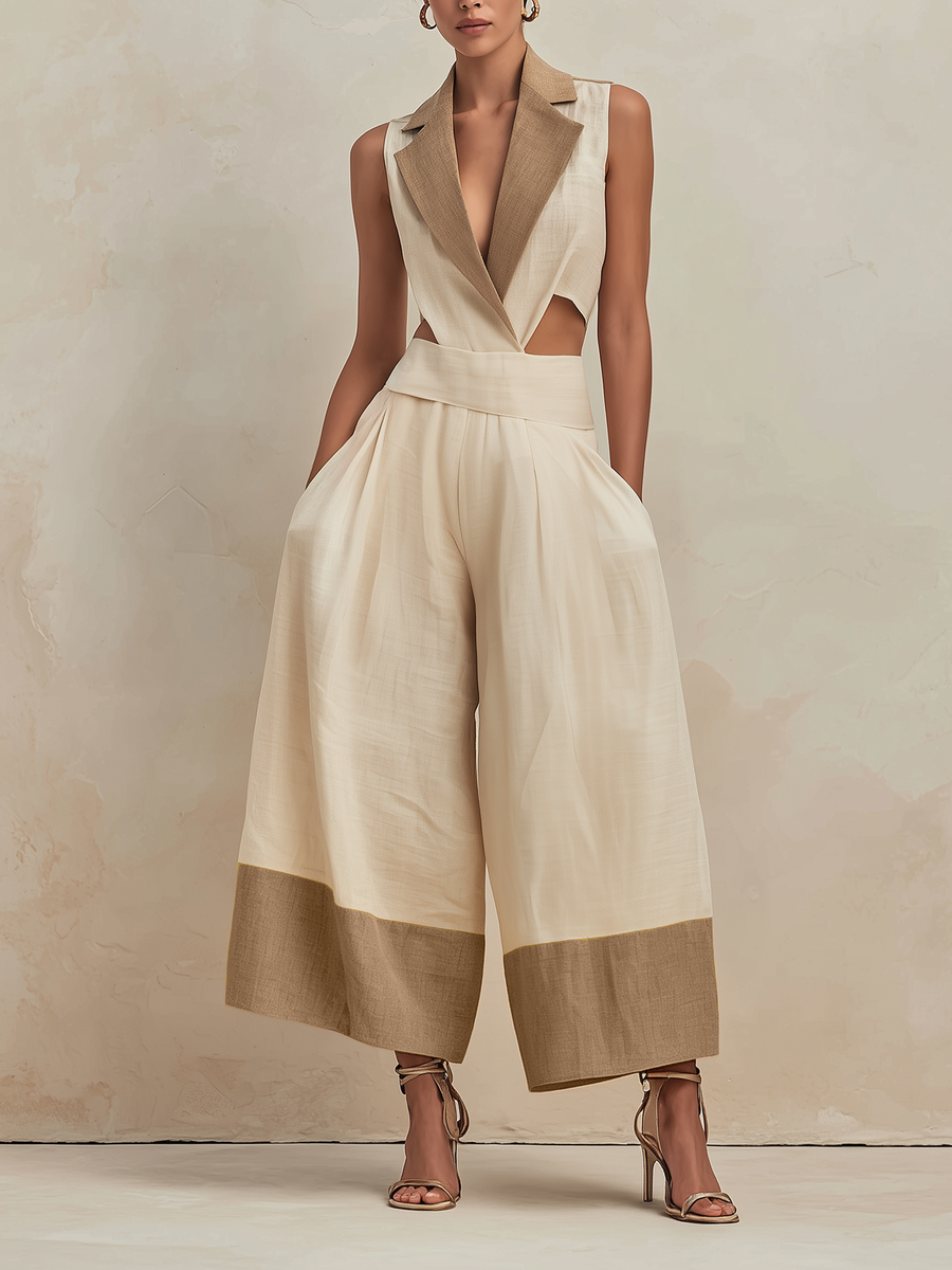 Cream and Tan Linen-Blend Wide-Leg Jumpsuit with Cut-Out Waist