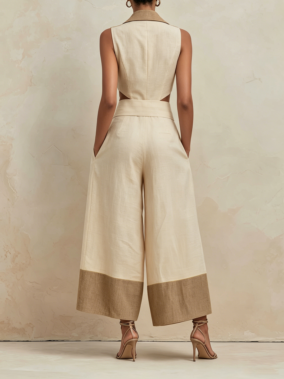 Cream and Tan Linen-Blend Wide-Leg Jumpsuit with Cut-Out Waist
