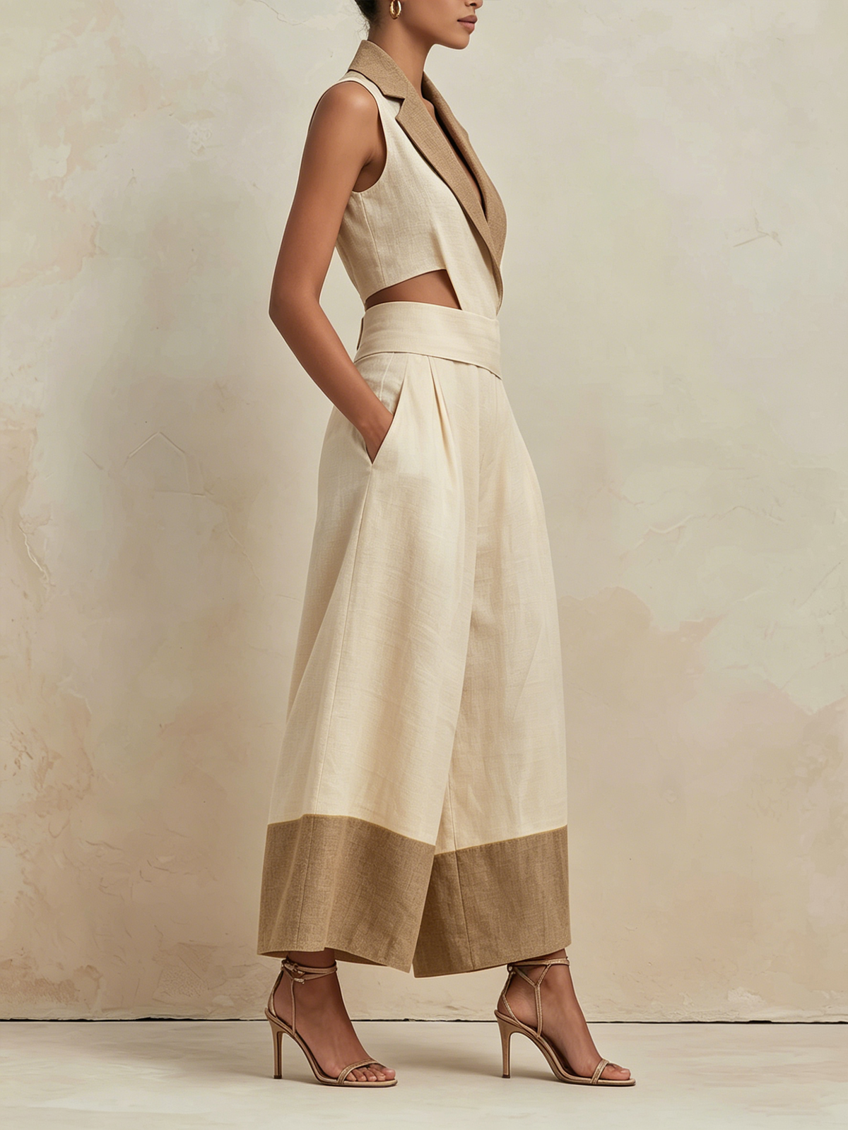 Cream and Tan Linen-Blend Wide-Leg Jumpsuit with Cut-Out Waist
