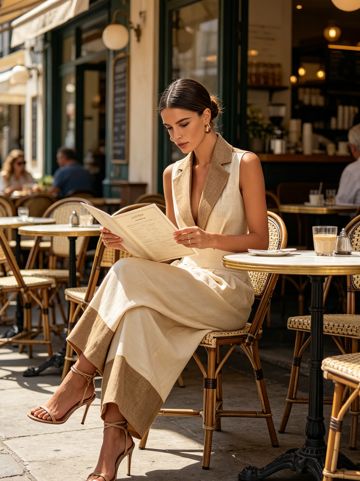 Cream and Tan Linen-Blend Wide-Leg Jumpsuit with Cut-Out Waist