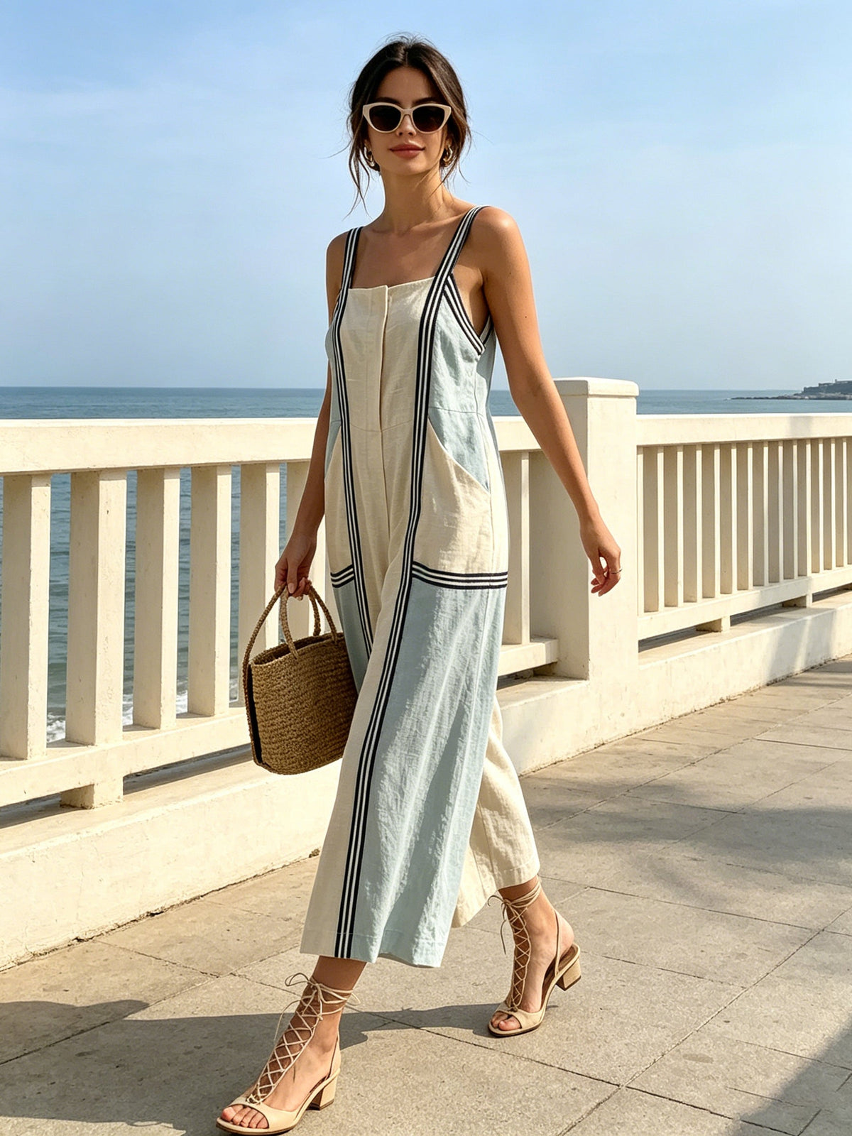 Colorblock Wide-Leg Jumpsuit with Contrasting Straps – Stylish Minimalist Summer Romper