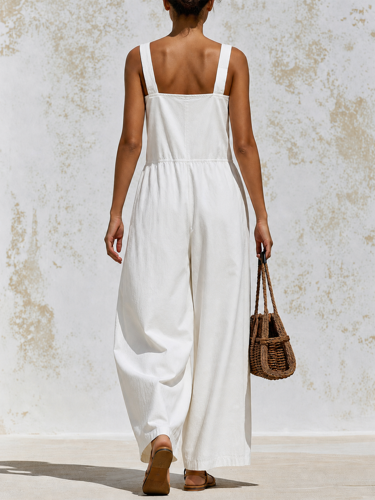 White Wide-Leg Jumpsuit with Adjustable Strap and Cargo Pockets