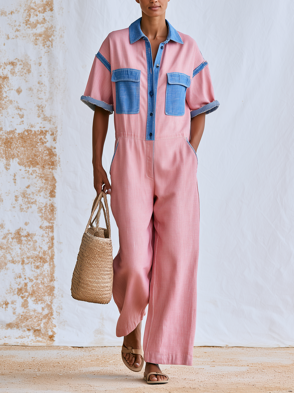 Color Block Pink Linen Cotton Short Sleeve Wide Leg Jumpsuit with Denim Trim