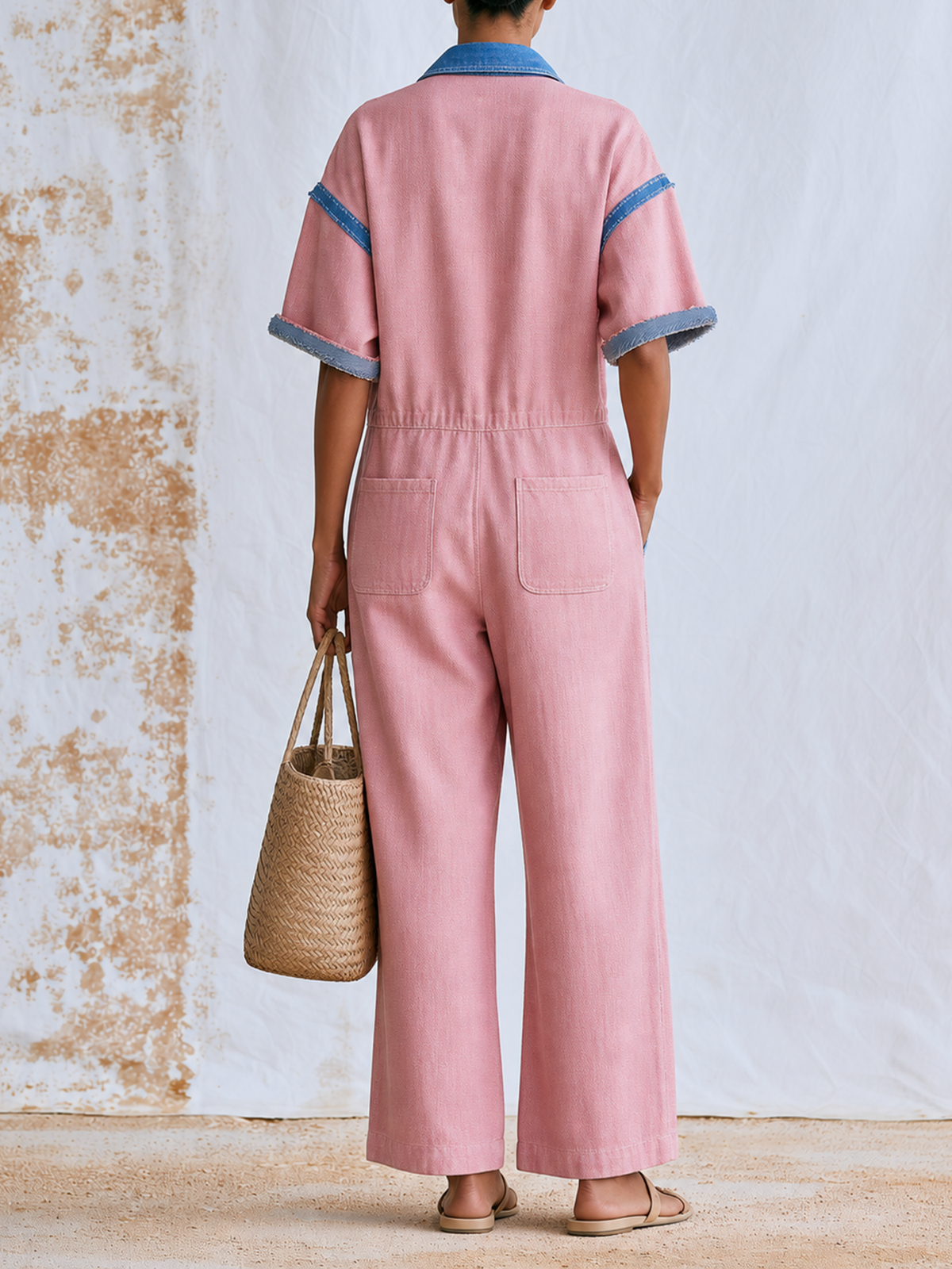 Color Block Pink Linen Cotton Short Sleeve Wide Leg Jumpsuit with Denim Trim