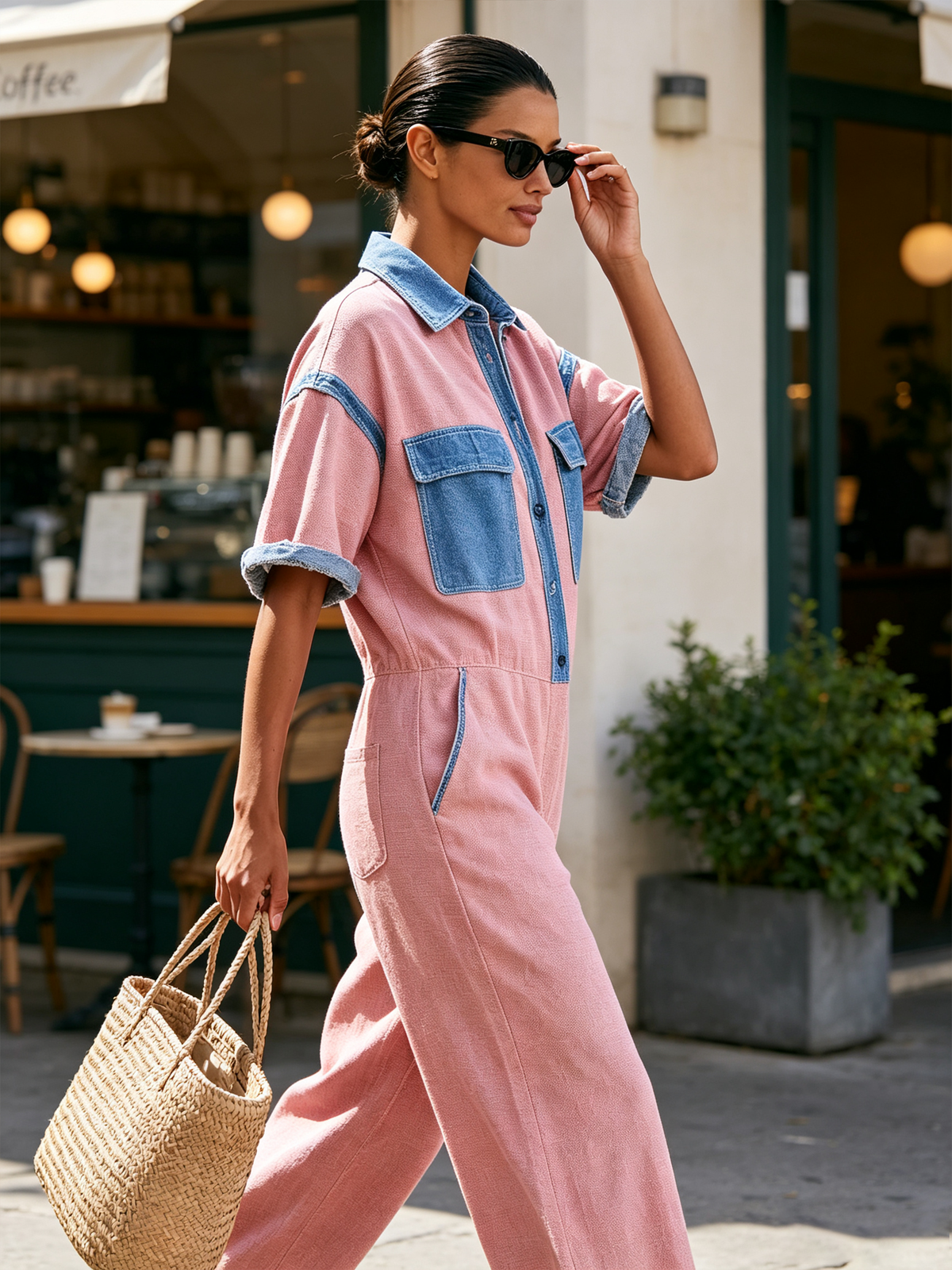 Color Block Pink Linen Cotton Short Sleeve Wide Leg Jumpsuit with Denim Trim