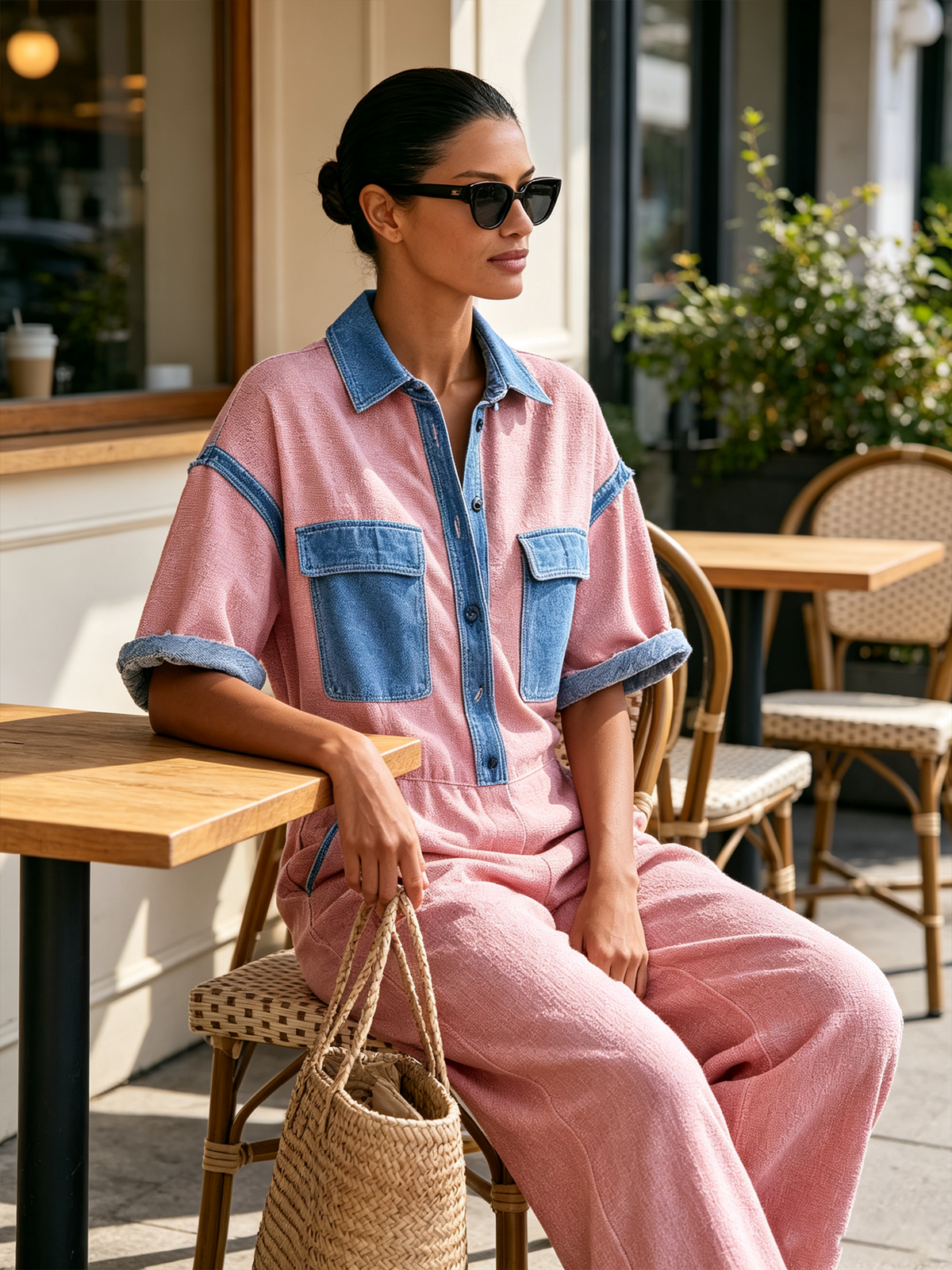 Color Block Pink Linen Cotton Short Sleeve Wide Leg Jumpsuit with Denim Trim