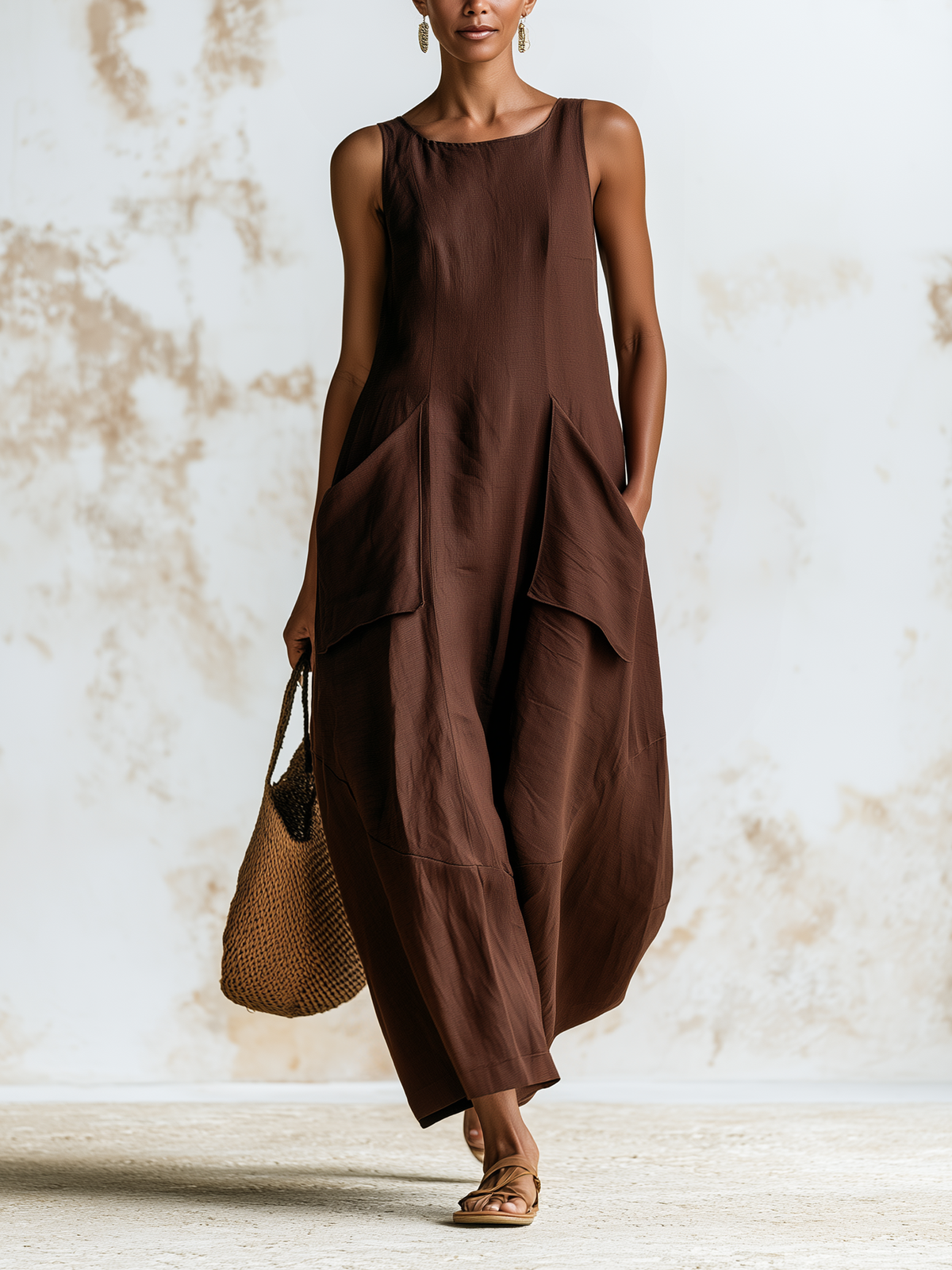 Chocolate Brown Sleeveless Linen Wide-Leg Jumpsuit - Oversized Fit
