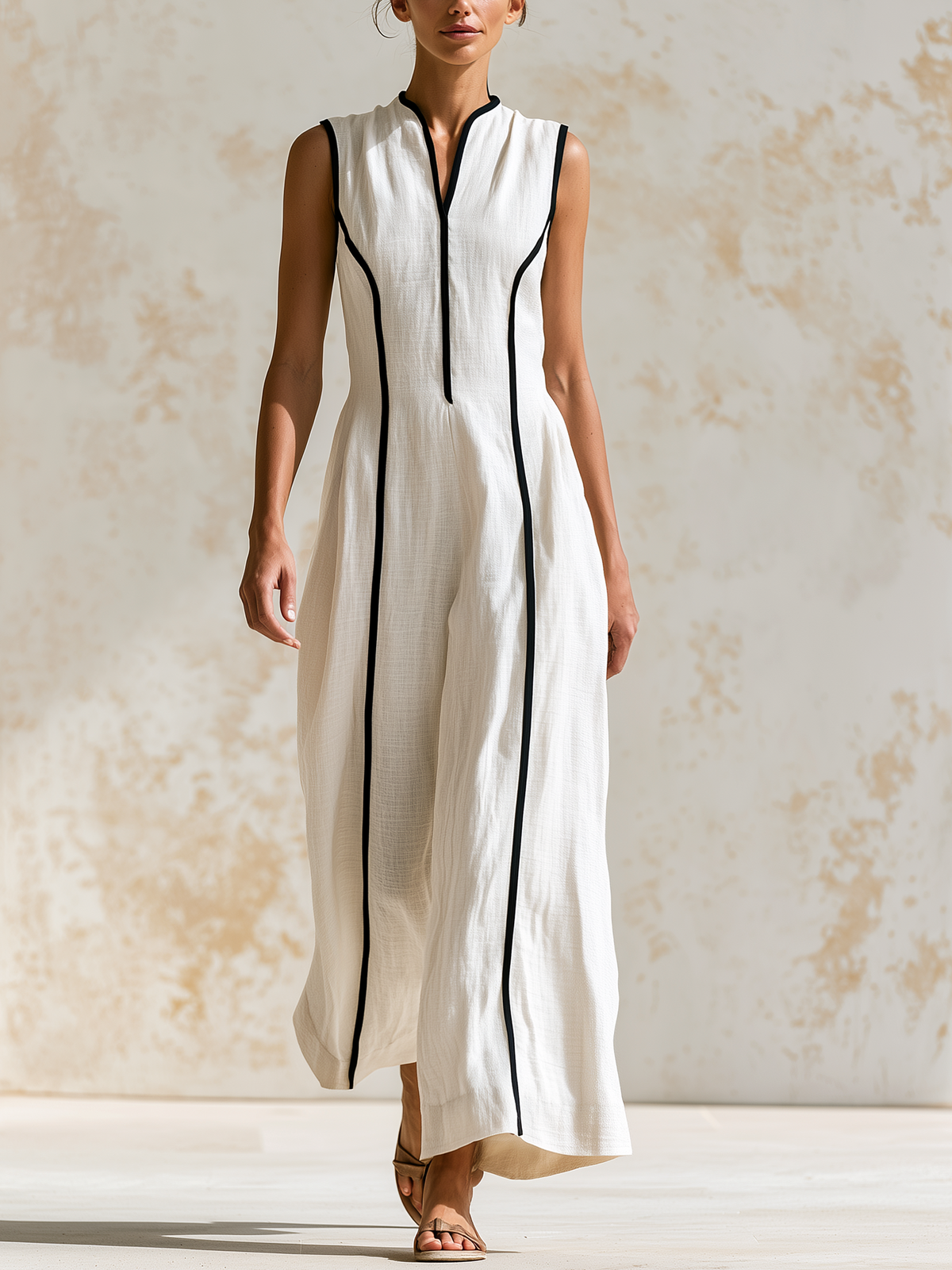White Linen Blend Wide Leg Jumpsuit with Black Piping and Sleeveless Design