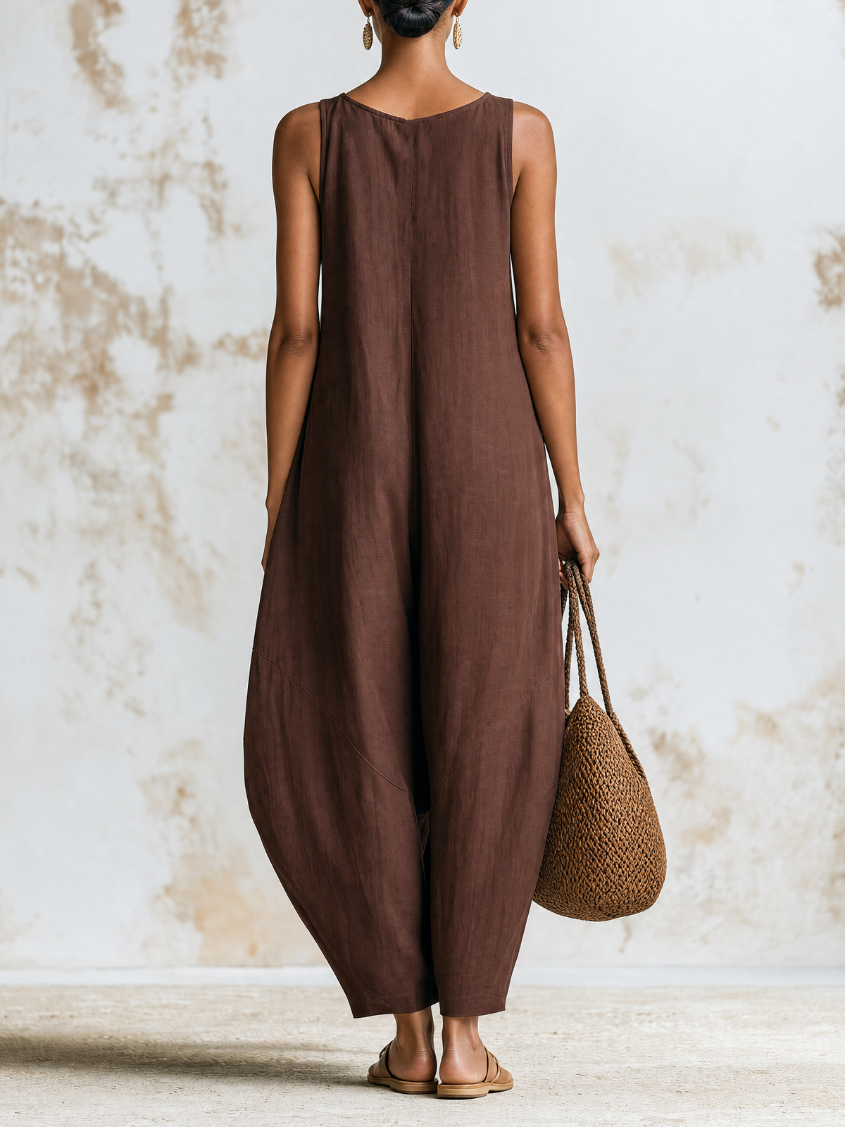 Chocolate Brown Sleeveless Linen Wide-Leg Jumpsuit - Oversized Fit