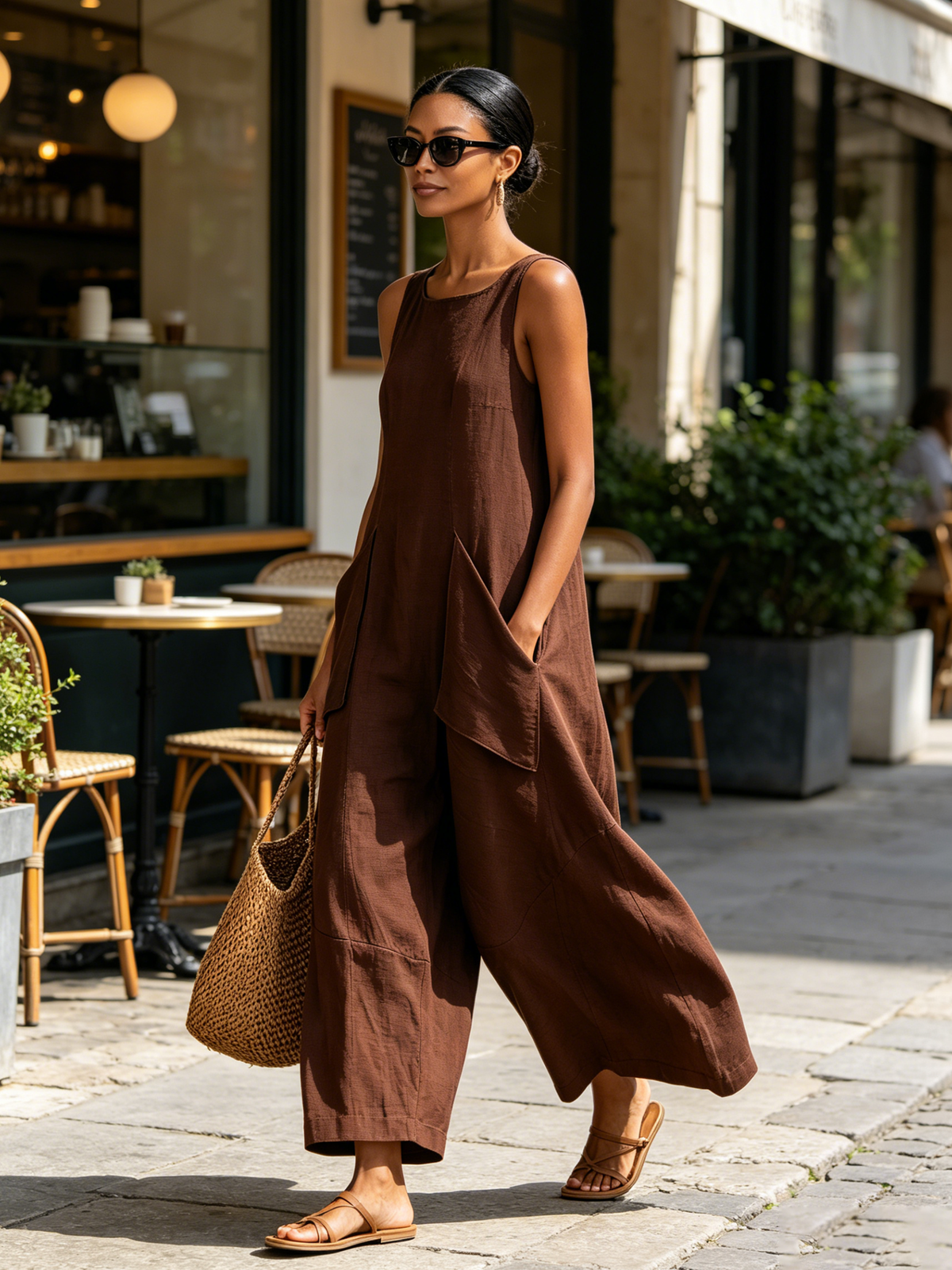 Chocolate Brown Sleeveless Linen Wide-Leg Jumpsuit - Oversized Fit