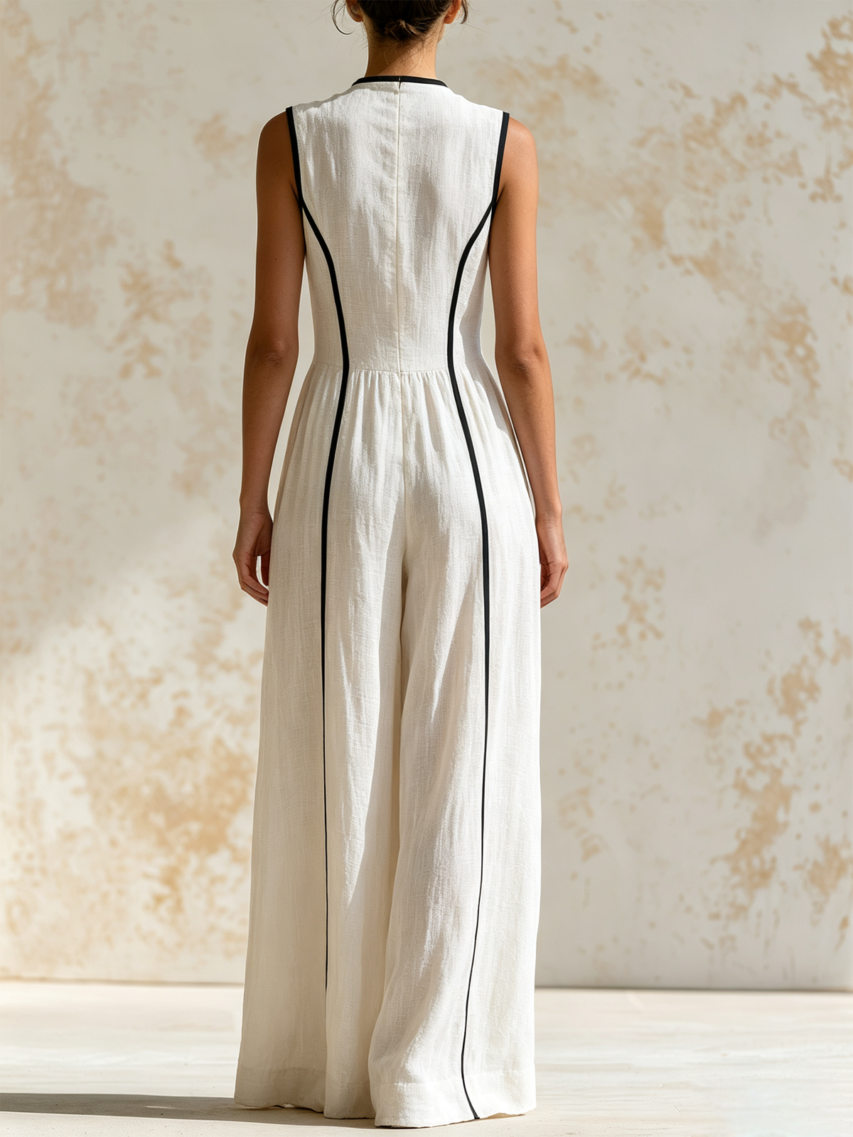 White Linen Blend Wide Leg Jumpsuit with Black Piping and Sleeveless Design