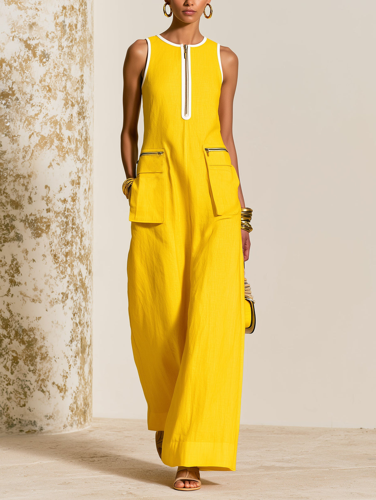 Sunny Luxe Yellow Sleeveless Maxi Dress – Chic Zip-Front Pocket Dress for Women