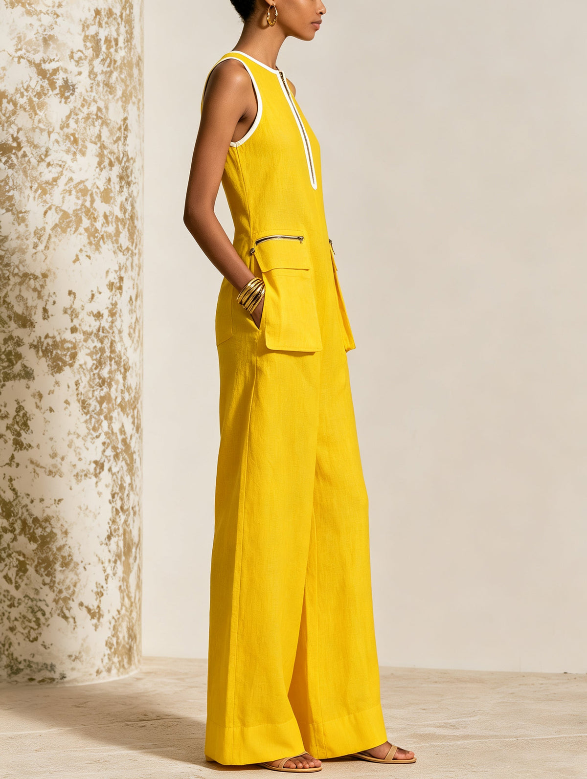 Sunny Luxe Yellow Sleeveless Maxi Dress – Chic Zip-Front Pocket Dress for Women