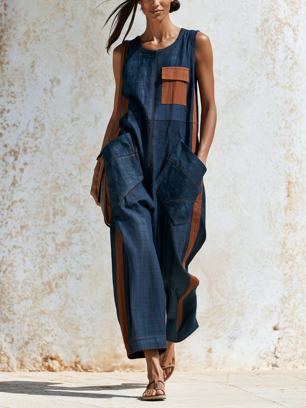 Women's Wide Leg Utility Denim Jumpsuit – Sleeveless Romper with Contrast Pocket Accents