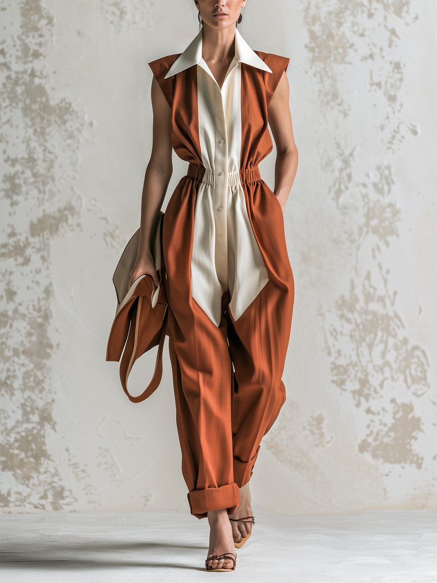 Elegant Women's Color Block Sleeveless Jumpsuit – Collared Wide Leg Utility Romper with Cinched Waist