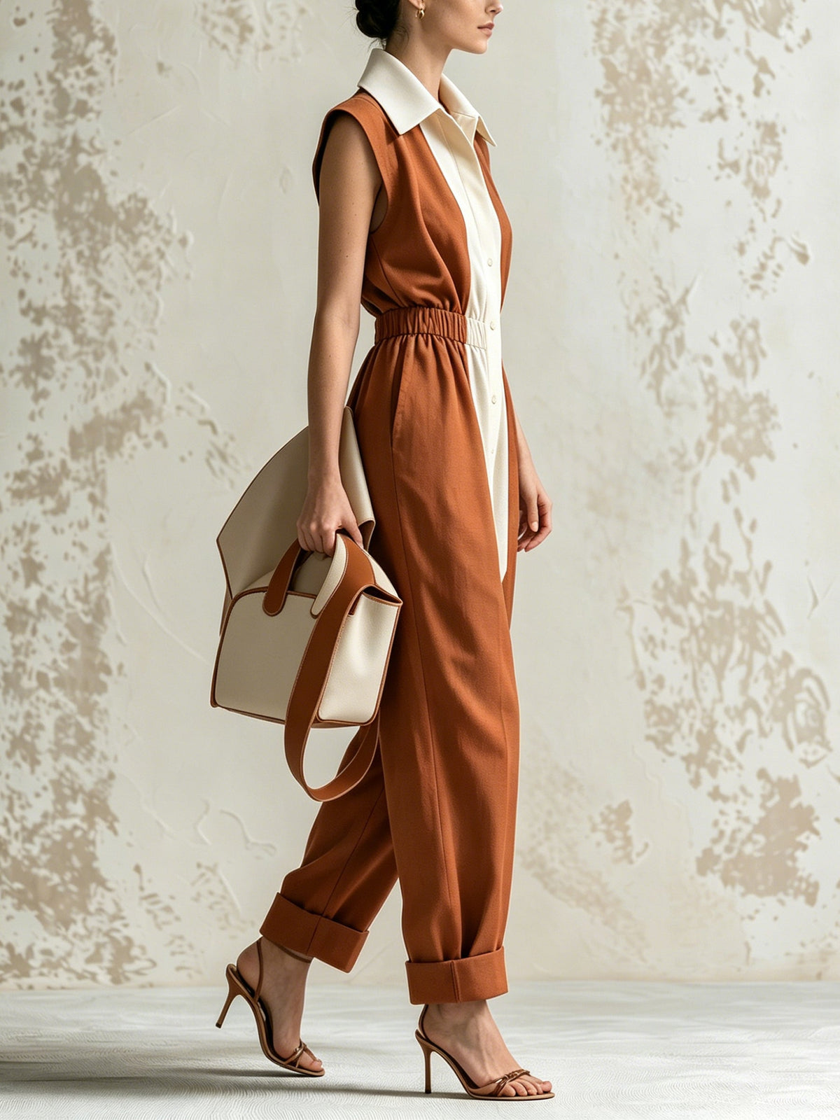 Elegant Women's Color Block Sleeveless Jumpsuit – Collared Wide Leg Utility Romper with Cinched Waist