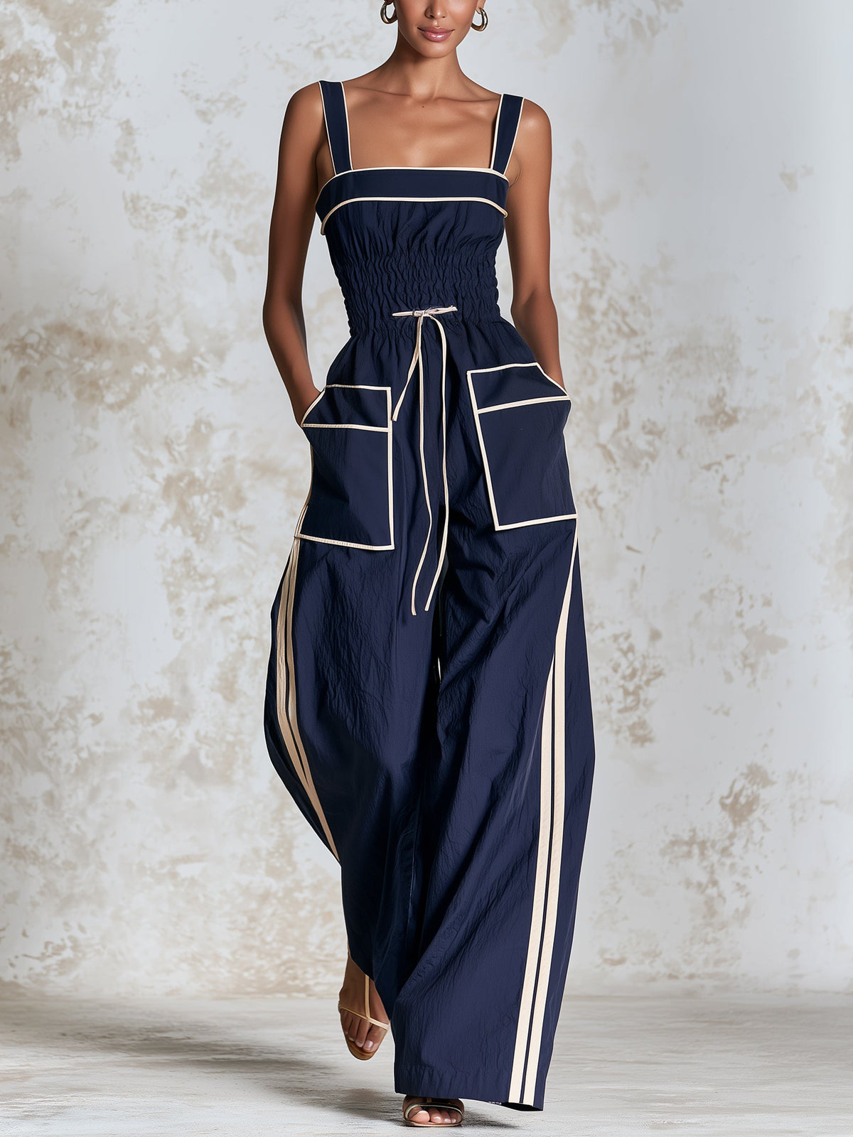 Elegant Sleeveless Women's Navy Wide-Leg Jumpsuit with Contrast Piping and Drawstring Waist