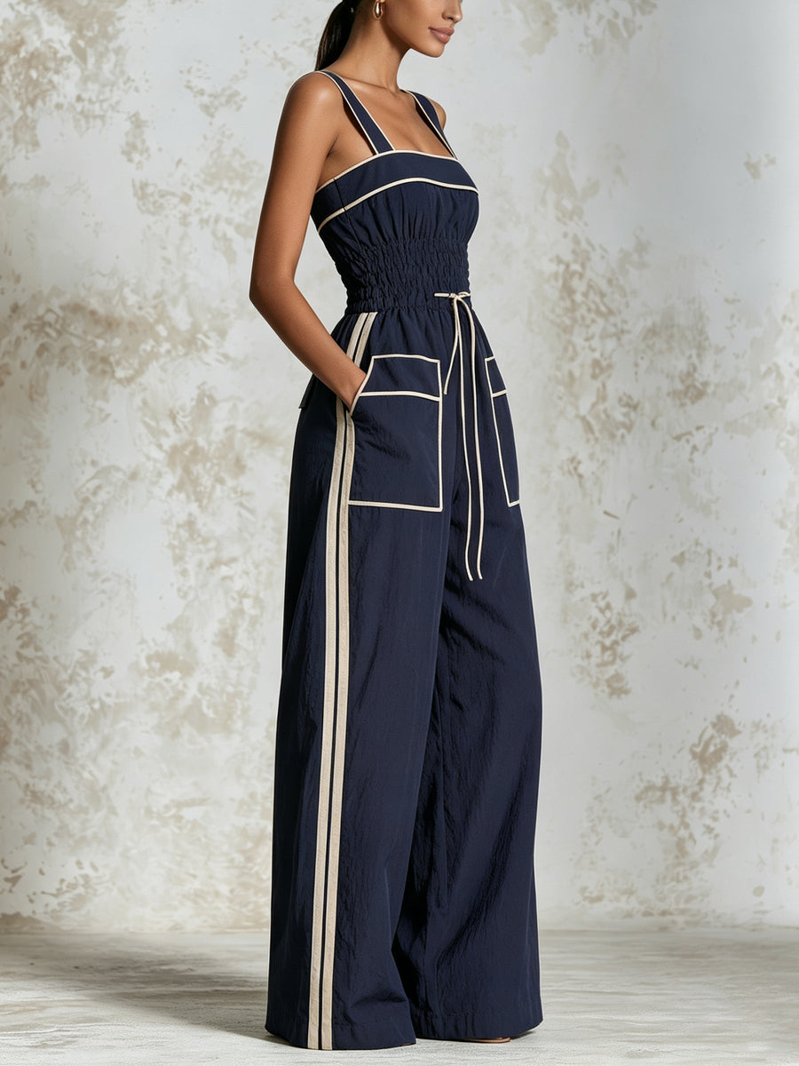 Elegant Sleeveless Women's Navy Wide-Leg Jumpsuit with Contrast Piping and Drawstring Waist