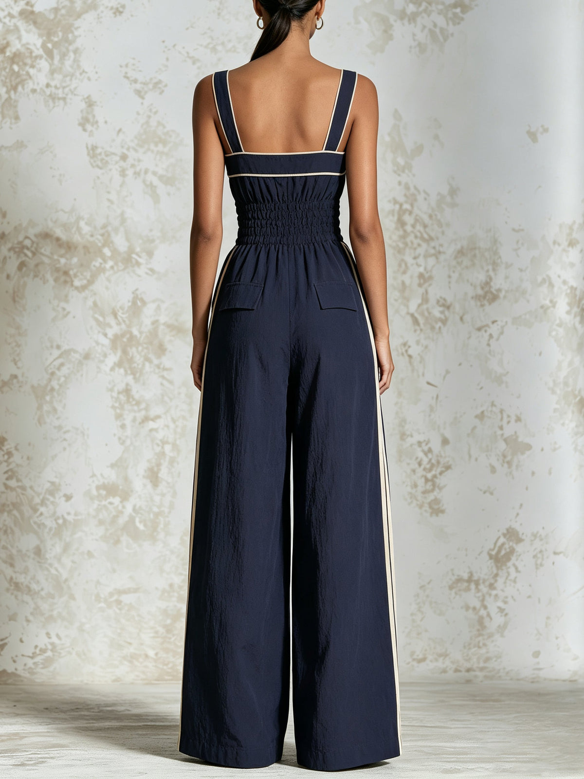 Elegant Sleeveless Women's Navy Wide-Leg Jumpsuit with Contrast Piping and Drawstring Waist