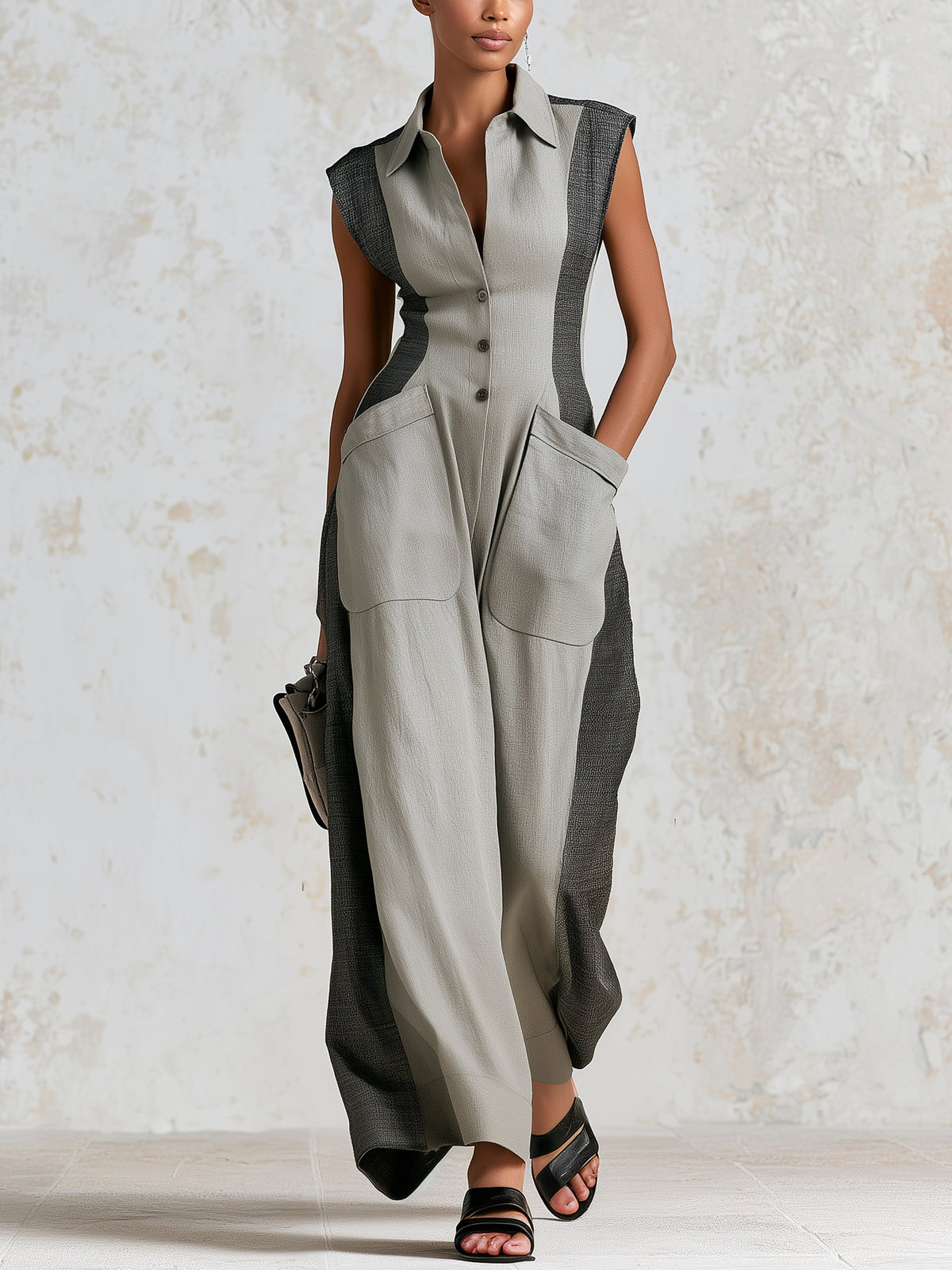 Elegant Women's Color-Block Sleeveless Jumpsuit – Slim-Fit Wide-Leg Design with Functional Pockets