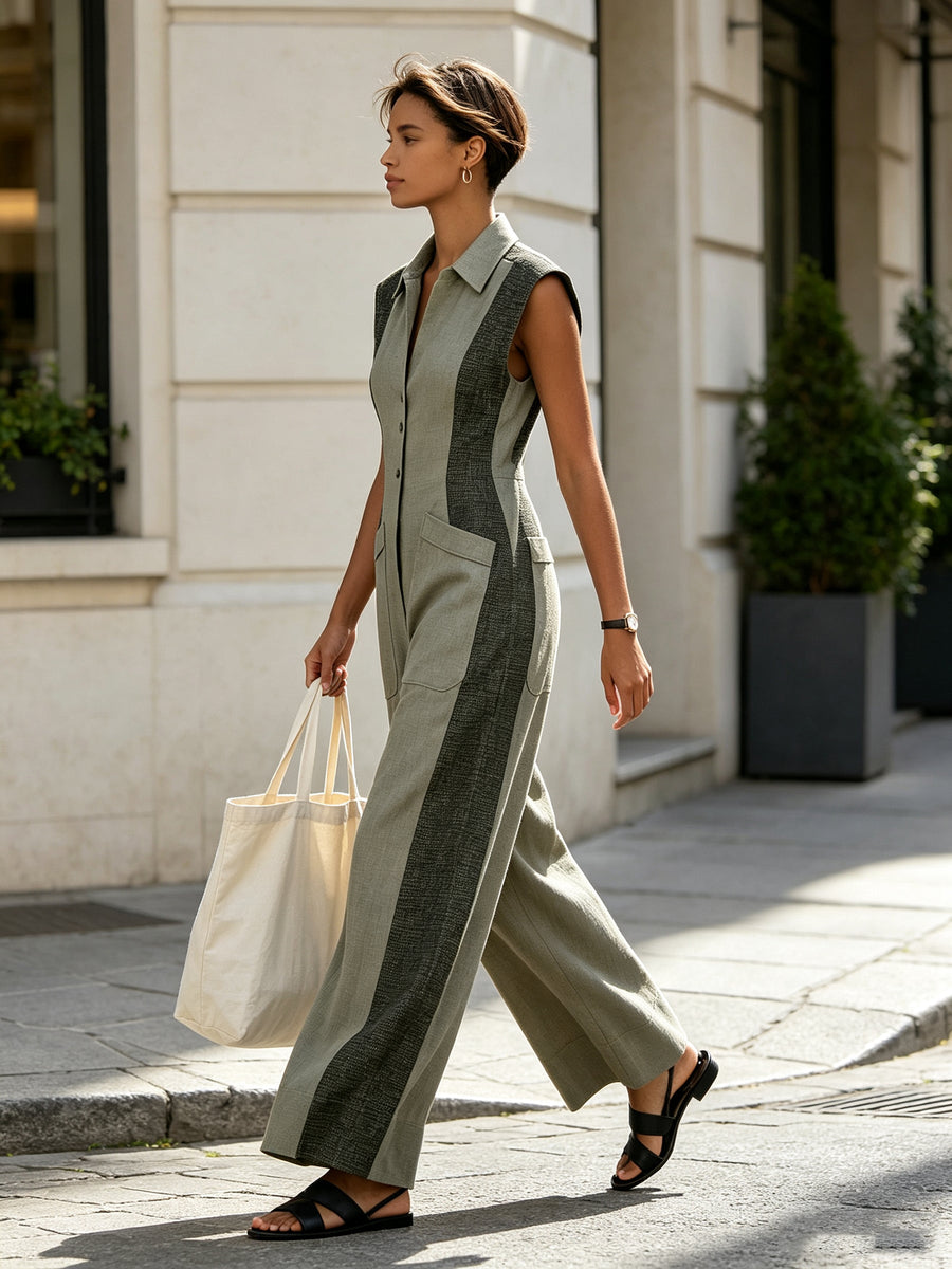 Elegant Women's Color-Block Sleeveless Jumpsuit – Slim-Fit Wide-Leg Design with Functional Pockets