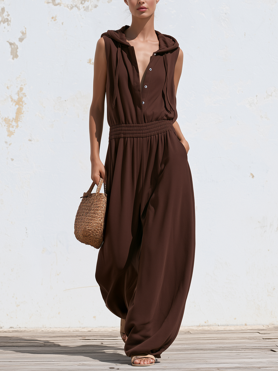 Brown Sleeveless Hooded Jumpsuit with Button Front, Elastic High Waist, Wide Leg, and Side Pockets