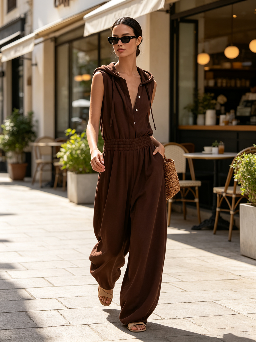 Brown Sleeveless Hooded Jumpsuit with Button Front, Elastic High Waist, Wide Leg, and Side Pockets