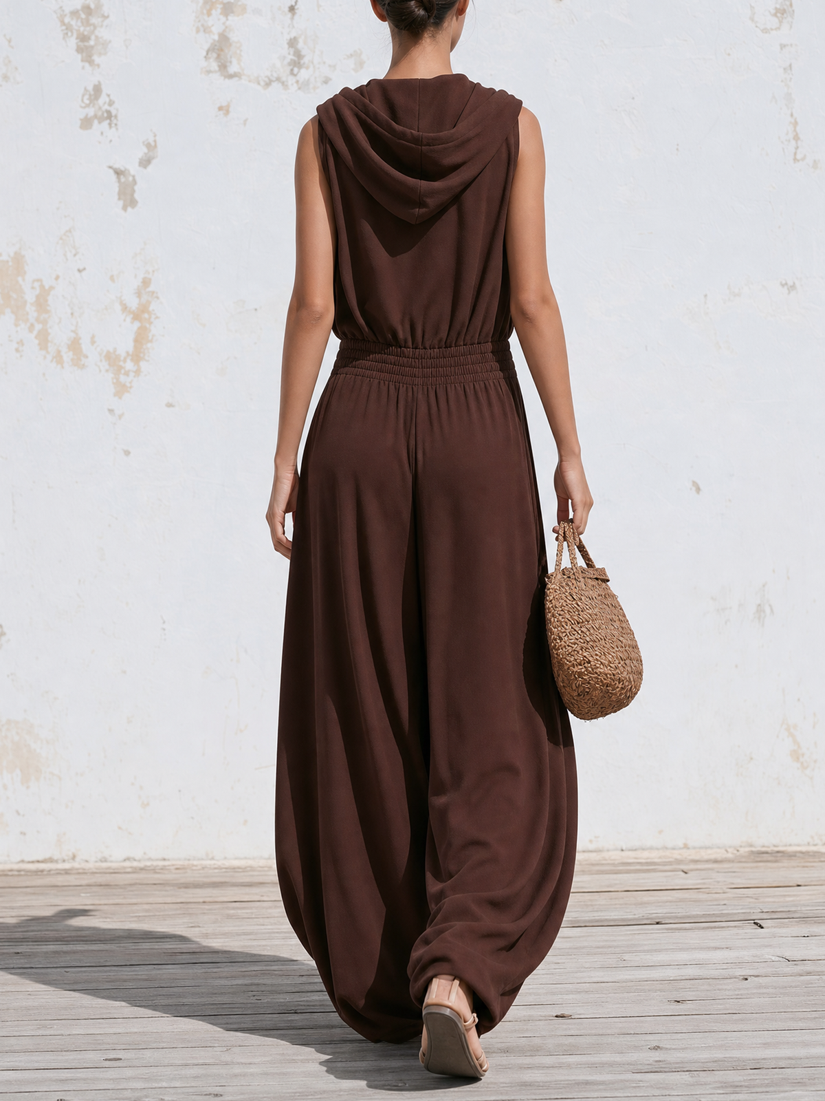 Brown Sleeveless Hooded Jumpsuit with Button Front, Elastic High Waist, Wide Leg, and Side Pockets