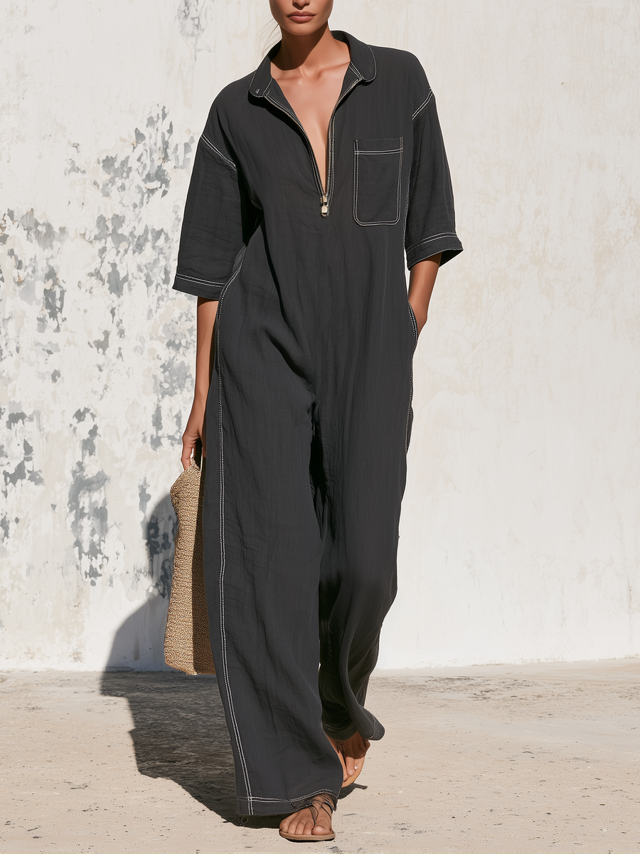 Relaxed Fit Half-Zip Linen Jumpsuit with Contrast Stitch, Elbow Sleeves, Wide Leg Design, and Side Pockets