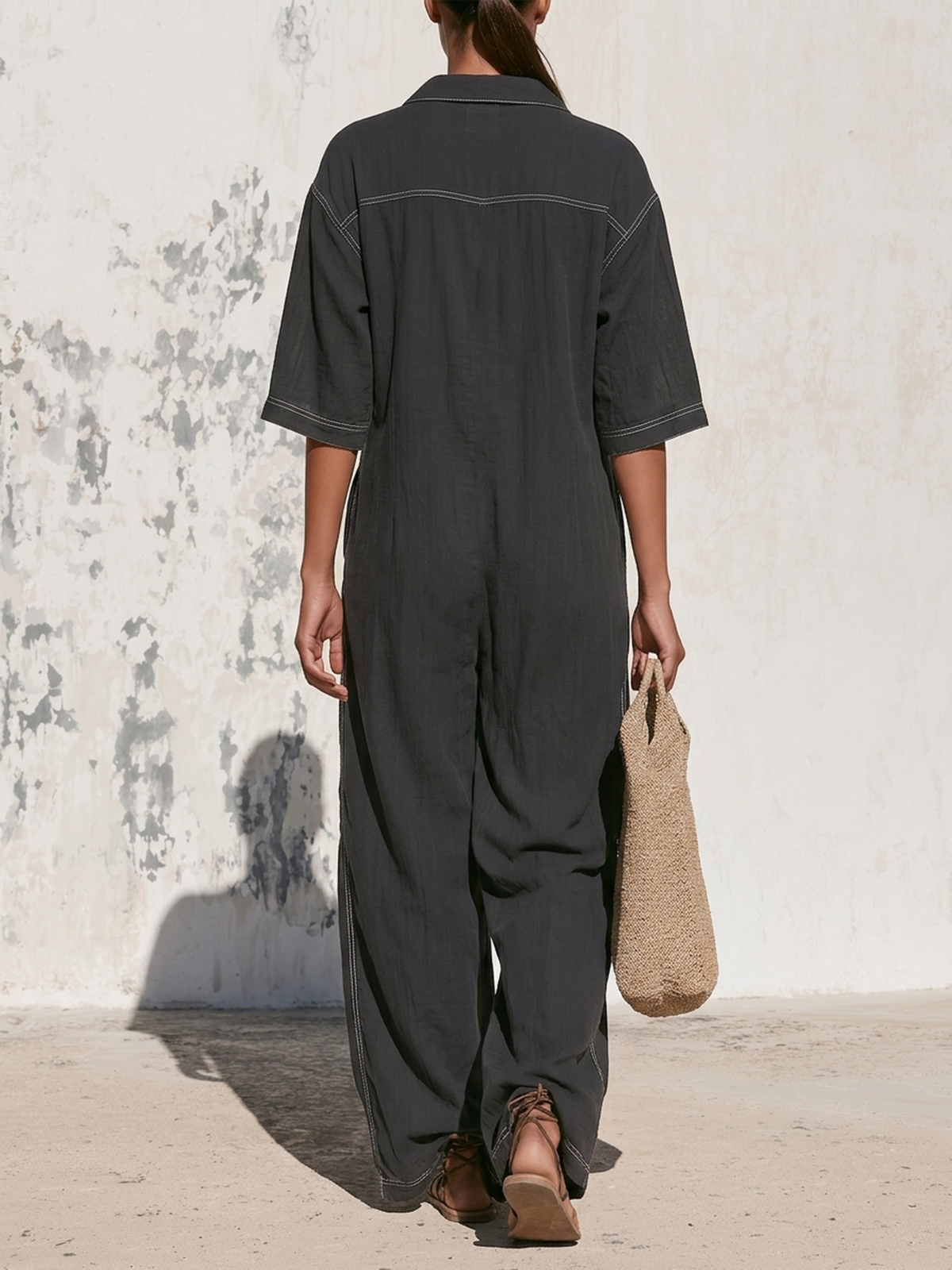 Relaxed Fit Half-Zip Linen Jumpsuit with Contrast Stitch, Elbow Sleeves, Wide Leg Design, and Side Pockets