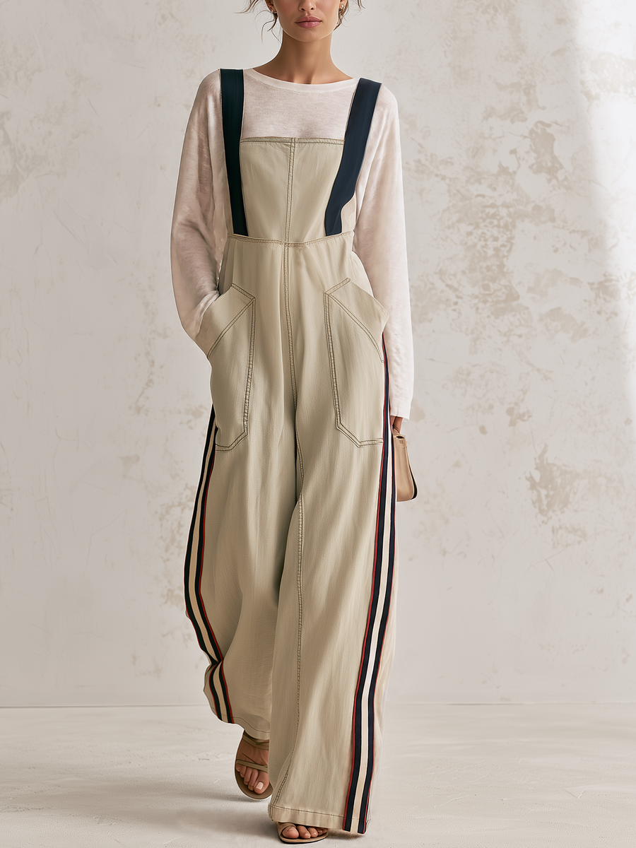 Beige Wide Leg Overall Jumpsuit with Side Stripe and Contrast Straps (Top Not Included)