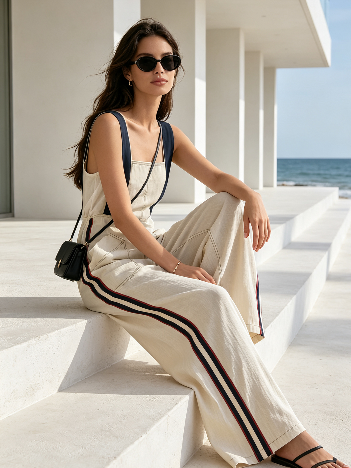 Beige Wide Leg Overall Jumpsuit with Side Stripe and Contrast Straps (Top Not Included)