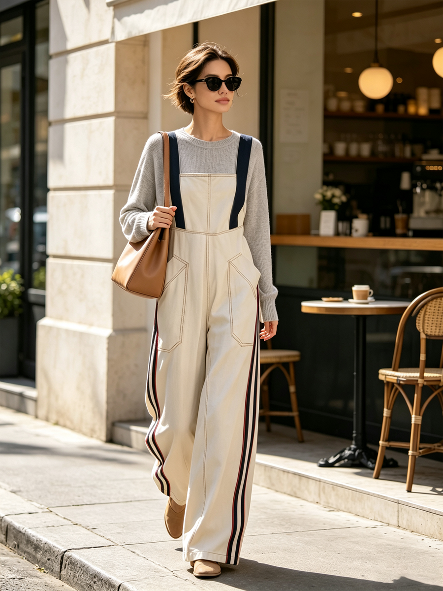 Beige Wide Leg Overall Jumpsuit with Side Stripe and Contrast Straps (Top Not Included)