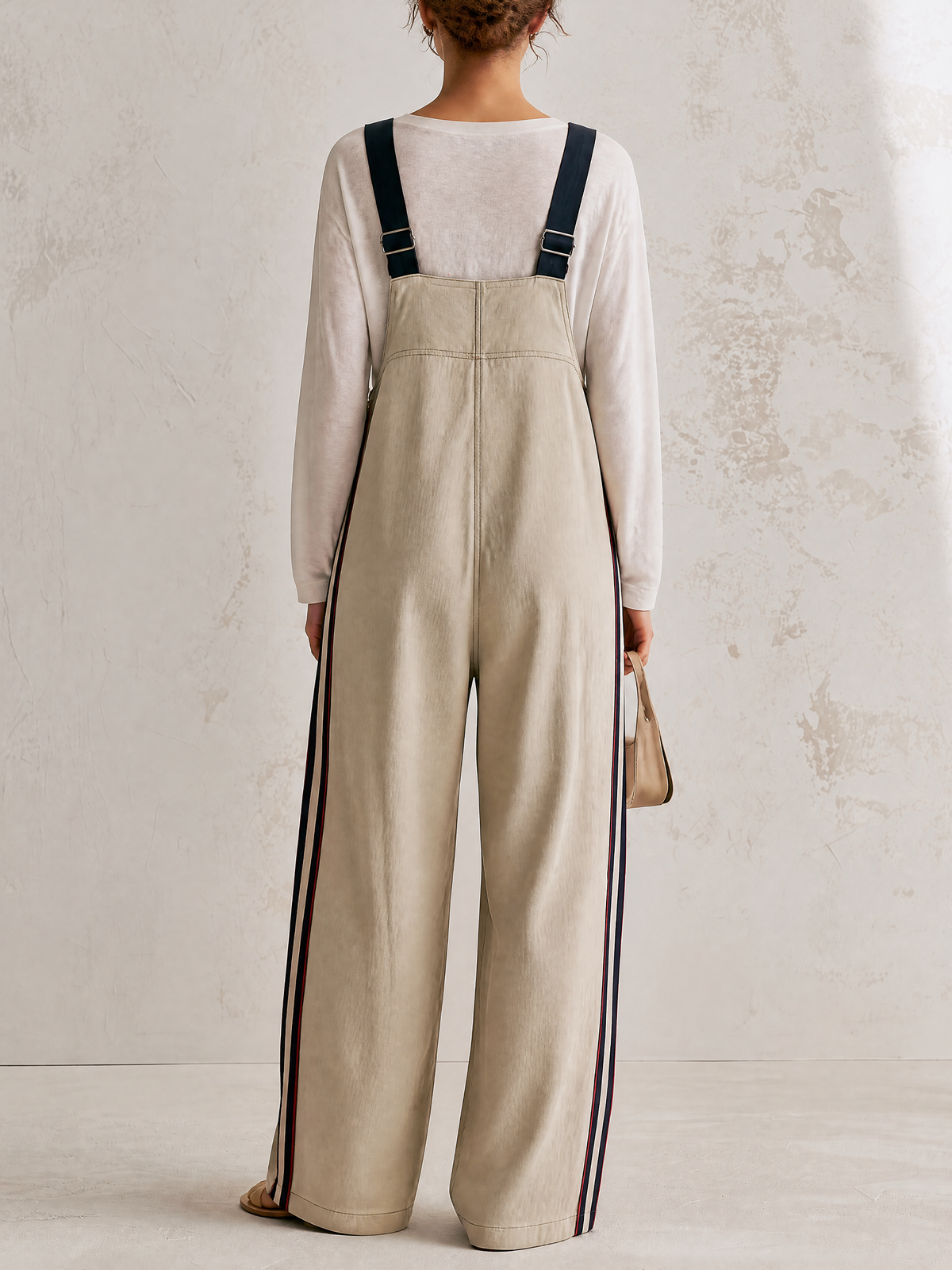 Beige Wide Leg Overall Jumpsuit with Side Stripe and Contrast Straps (Top Not Included)