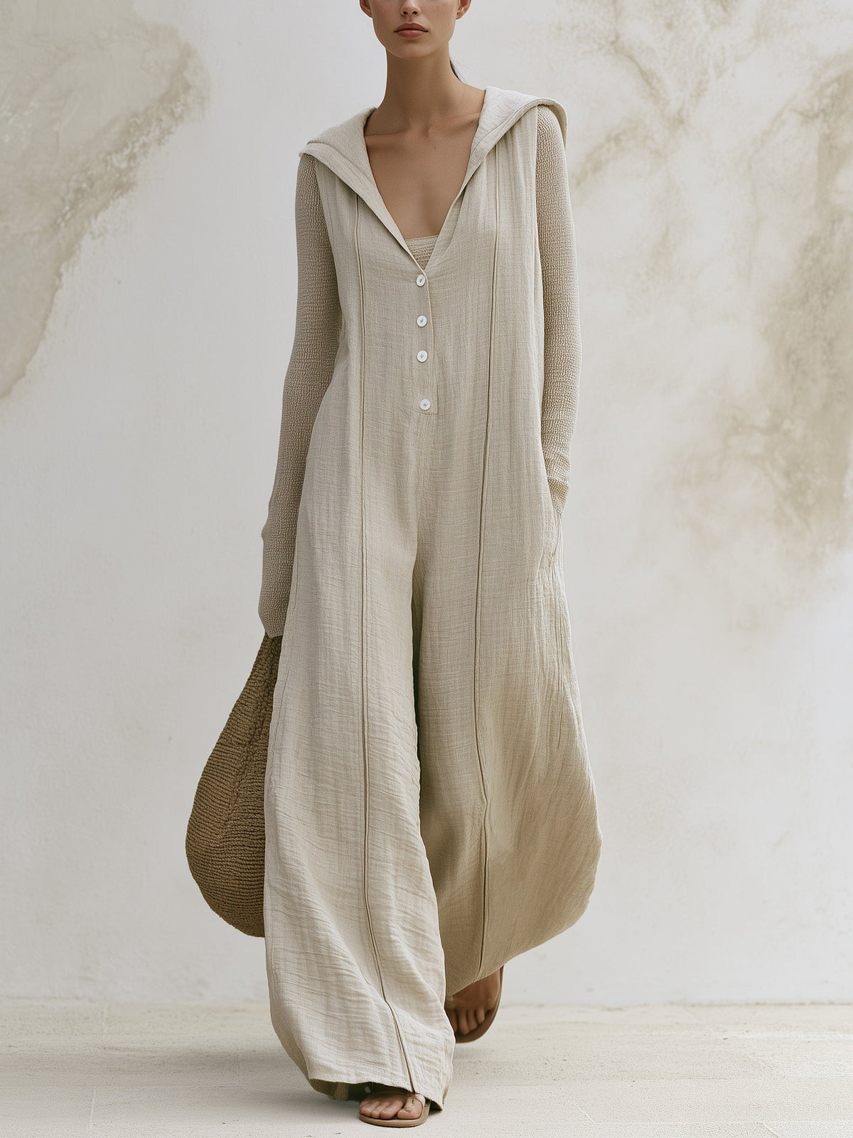 Casual Wide-Leg Hooded Jumpsuit in Minimalist Linen Blend | Relaxed Fit Romper