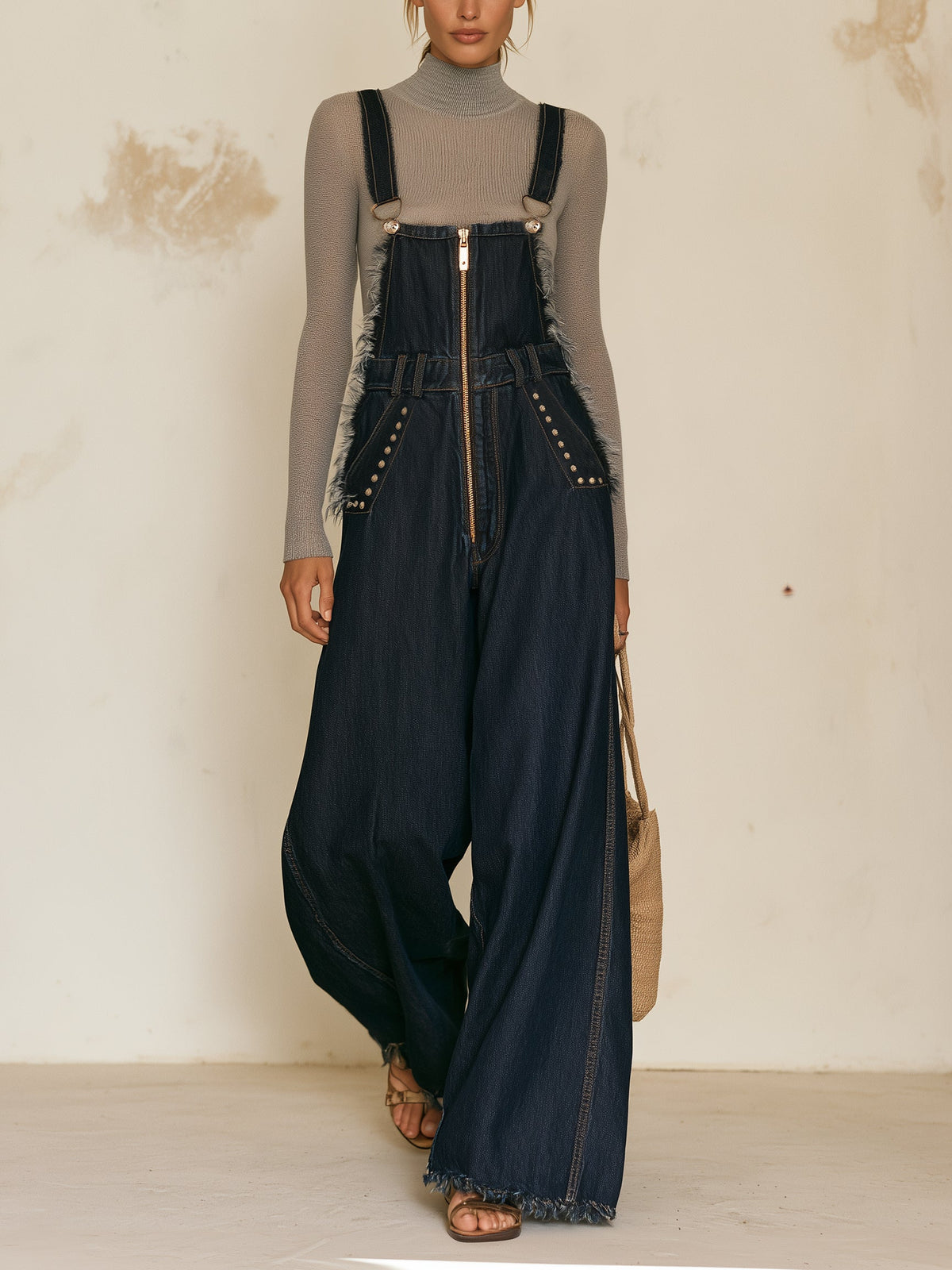 Utility-Inspired Dark Denim Wide-Leg Overall Jumpsuit | Cargo Dungaree Romper