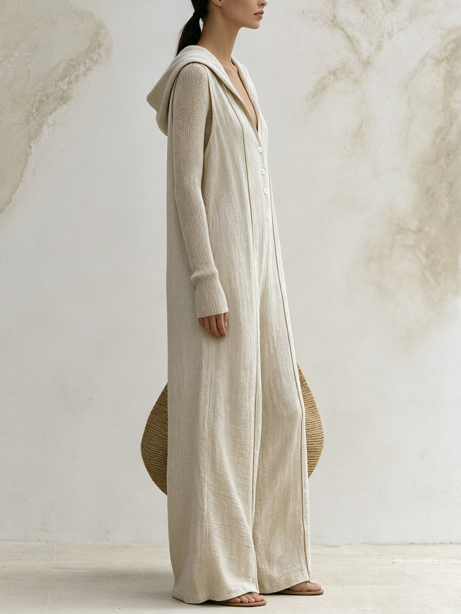 Casual Wide-Leg Hooded Jumpsuit in Minimalist Linen Blend | Relaxed Fit Romper