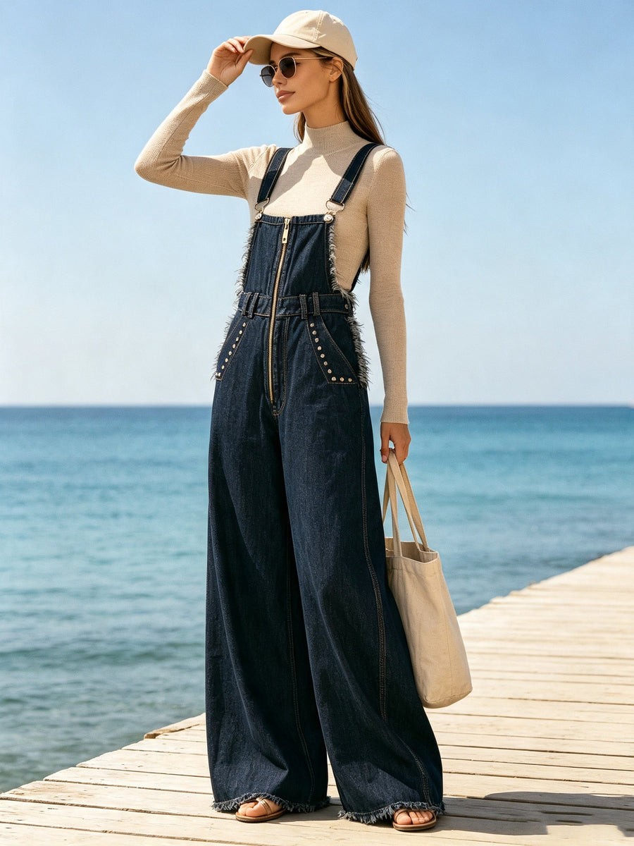Utility-Inspired Dark Denim Wide-Leg Overall Jumpsuit | Cargo Dungaree Romper