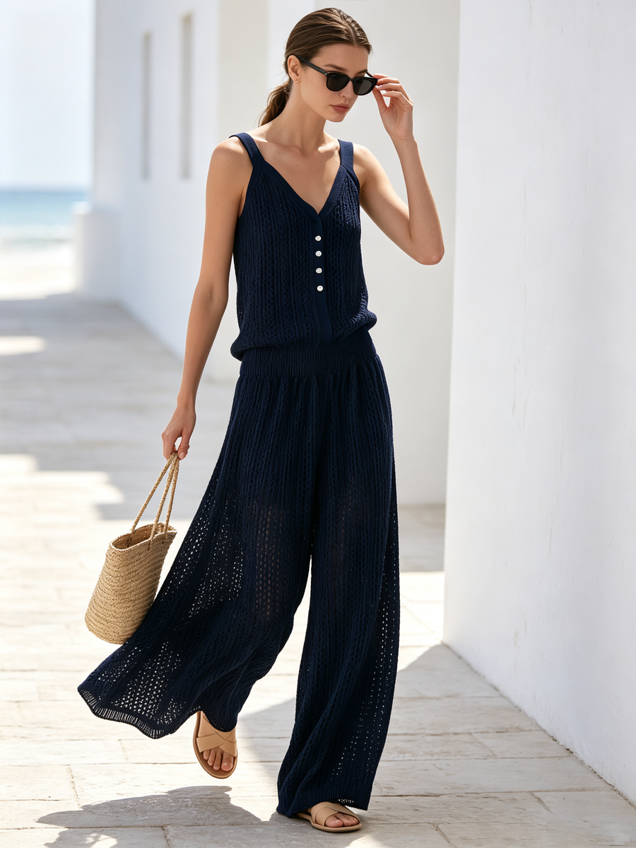 Navy Hollow Crochet Knit Sleeveless Jumpsuit with V-Neck, Button Down, Elastic Waist, Wide Leg Design, and Side Pockets - Perfect for Vacation