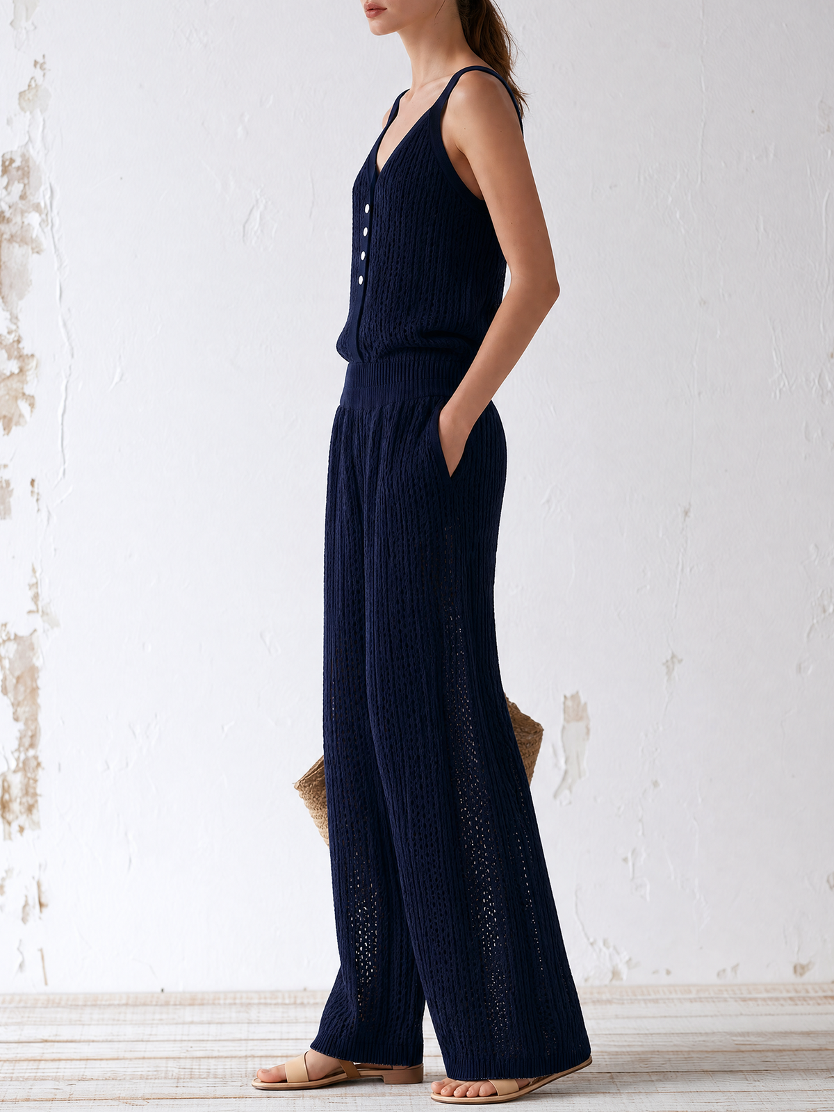 Navy Hollow Crochet Knit Sleeveless Jumpsuit with V-Neck, Button Down, Elastic Waist, Wide Leg Design, and Side Pockets - Perfect for Vacation
