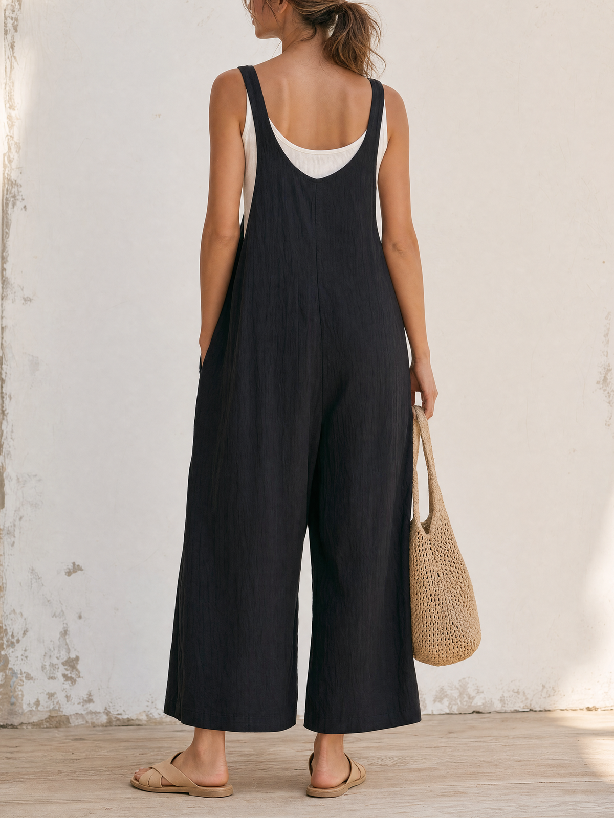 Black Washed Linen U-Neck Sling Overall Jumpsuit with Loose Wide Leg Cropped Design and Multi Cargo Pockets for Casual Vacations