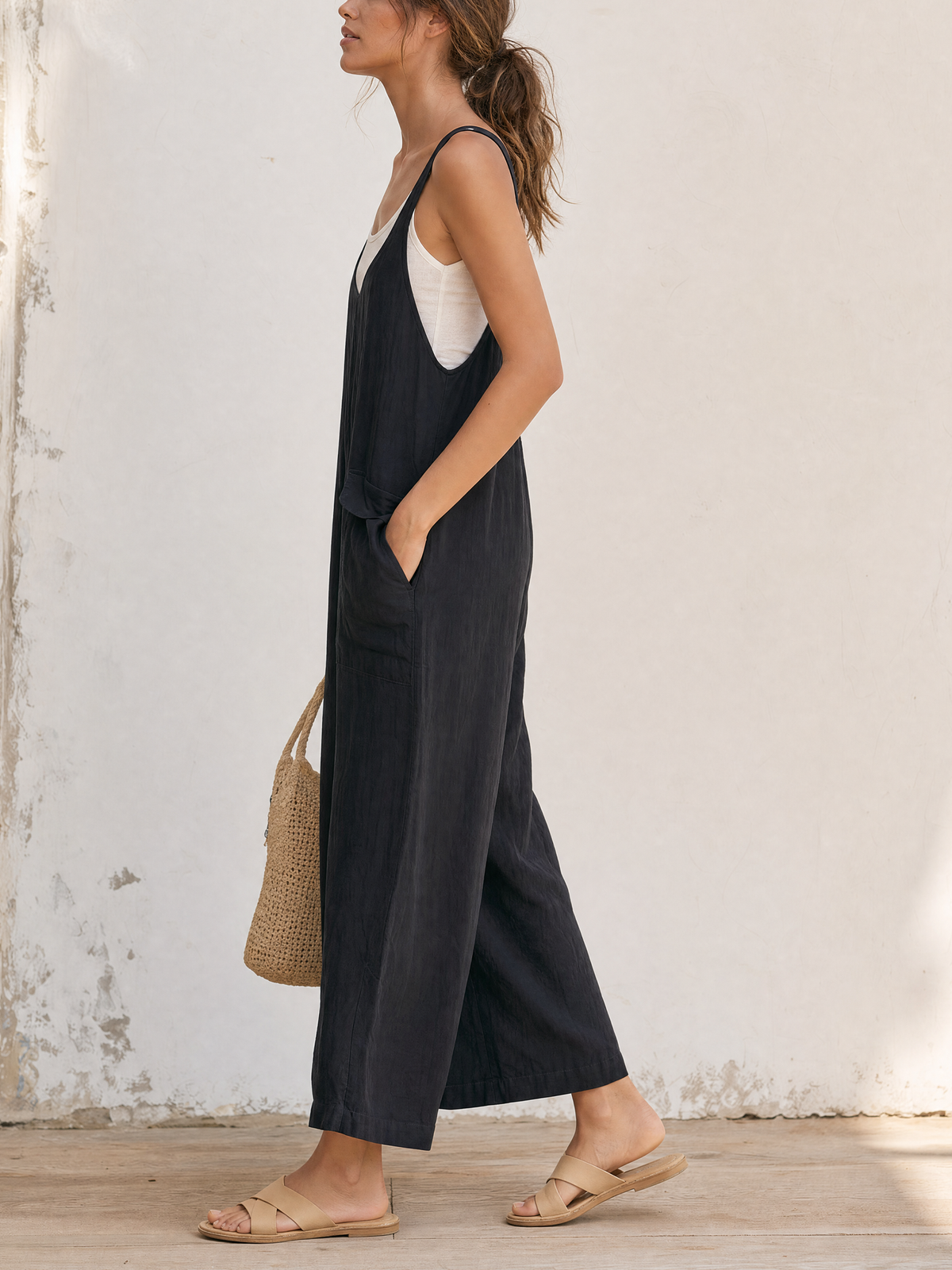 Black Washed Linen U-Neck Sling Overall Jumpsuit with Loose Wide Leg Cropped Design and Multi Cargo Pockets for Casual Vacations