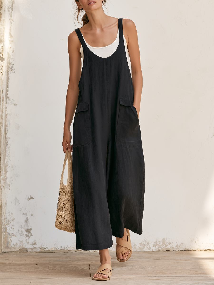 Black Washed Linen U-Neck Sling Overall Jumpsuit with Loose Wide Leg Cropped Design and Multi Cargo Pockets for Casual Vacations