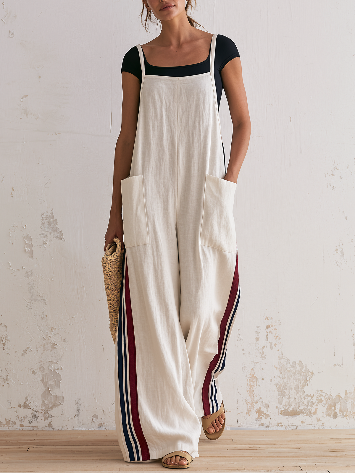 Casual Sleeveless Wide-Leg Overalls in Linen Stripe with Side Pockets